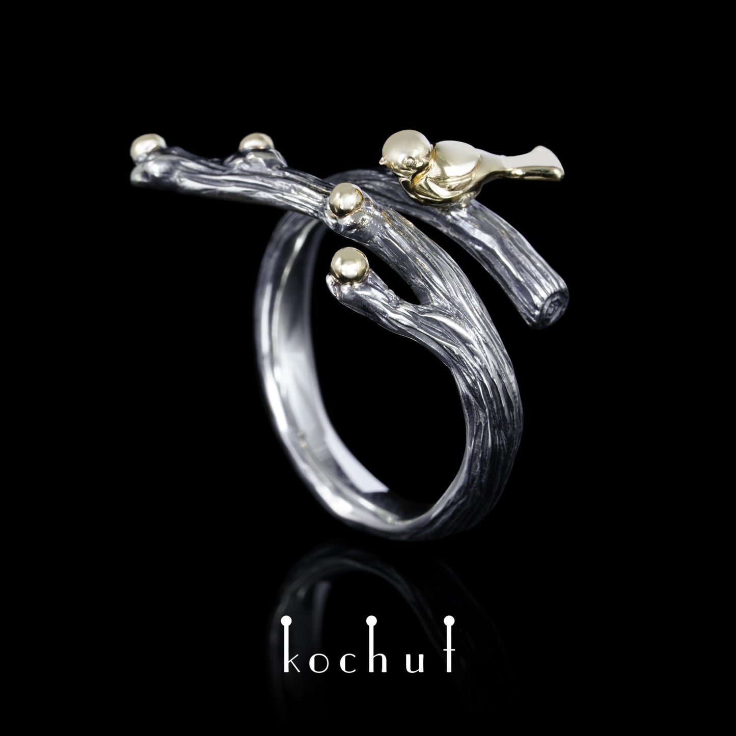 Vögelchen — Ring aus oxidiertem Silber und Gelbgold