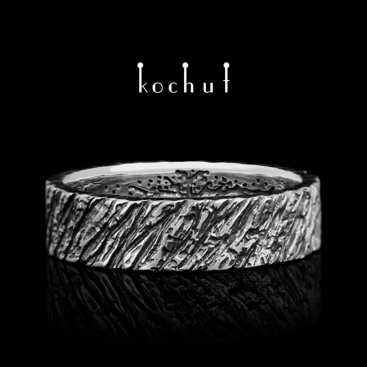 Baum des Lebens: Eschenrinde – Ehering aus oxidiertem Sterlingsilber
