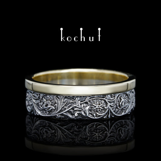 Harmonie der Natur — Ring aus Silber und Gelbgold, überzogen mit schwarzem Rhodium