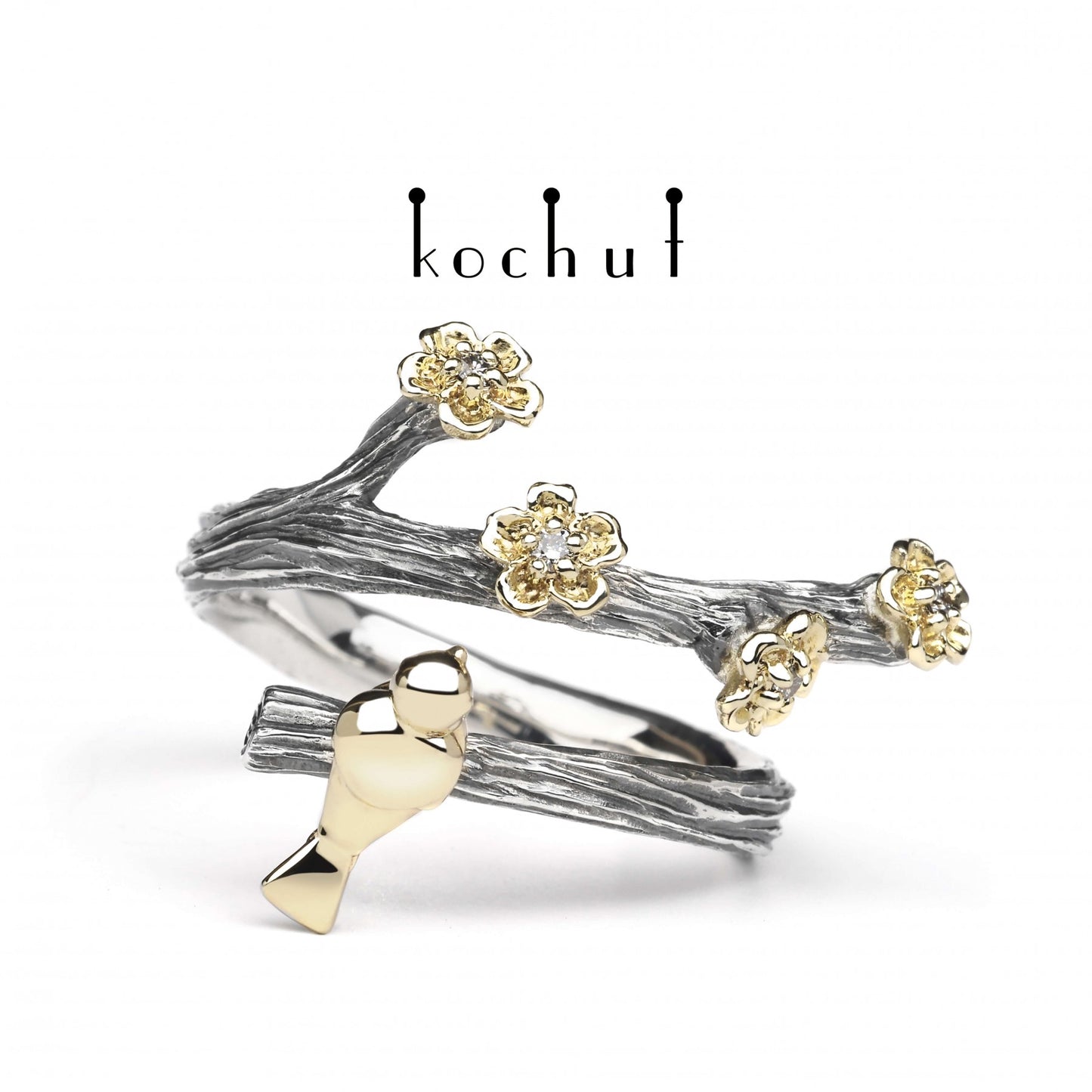 Vögelchen und Blumen – Ring aus oxidiertem Silber und Gelbgold mit Diamanten