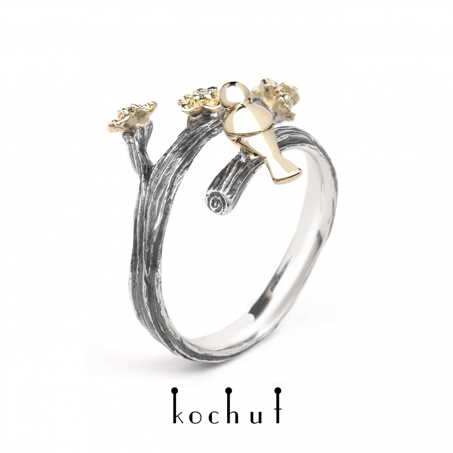 Vögelchen und Blumen – Ring aus oxidiertem Silber und Gelbgold mit Diamanten