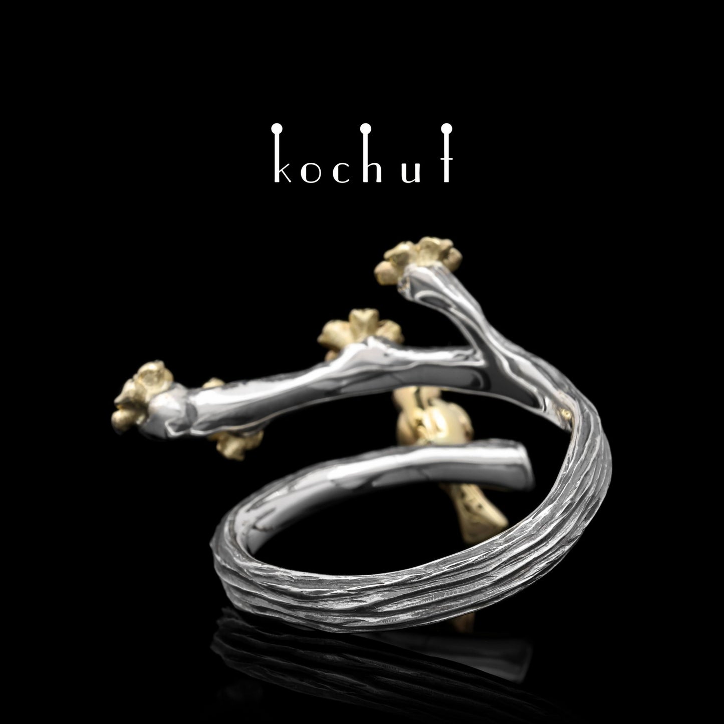 Vögelchen und Blumen – Ring aus oxidiertem Silber und Gelbgold mit Diamanten