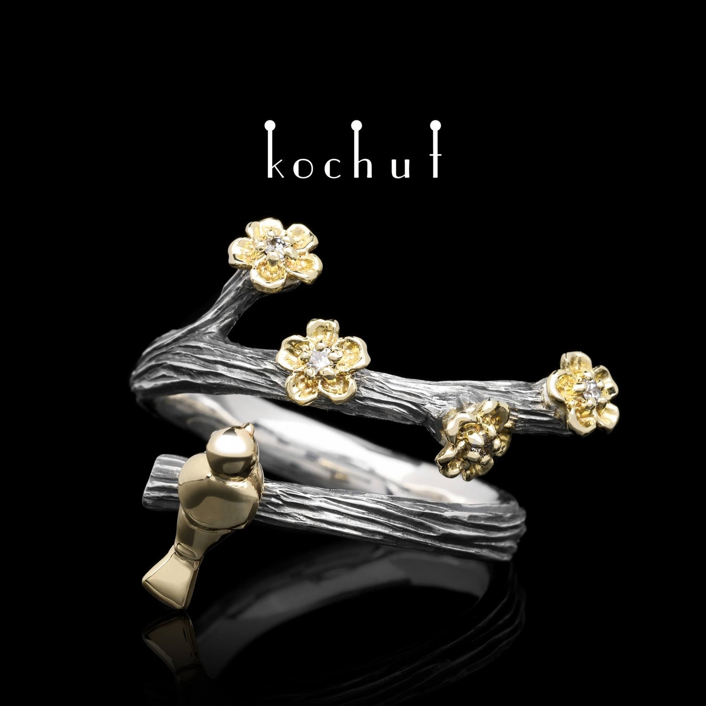 Vögelchen und Blumen – Ring aus oxidiertem Silber und Gelbgold mit Diamanten