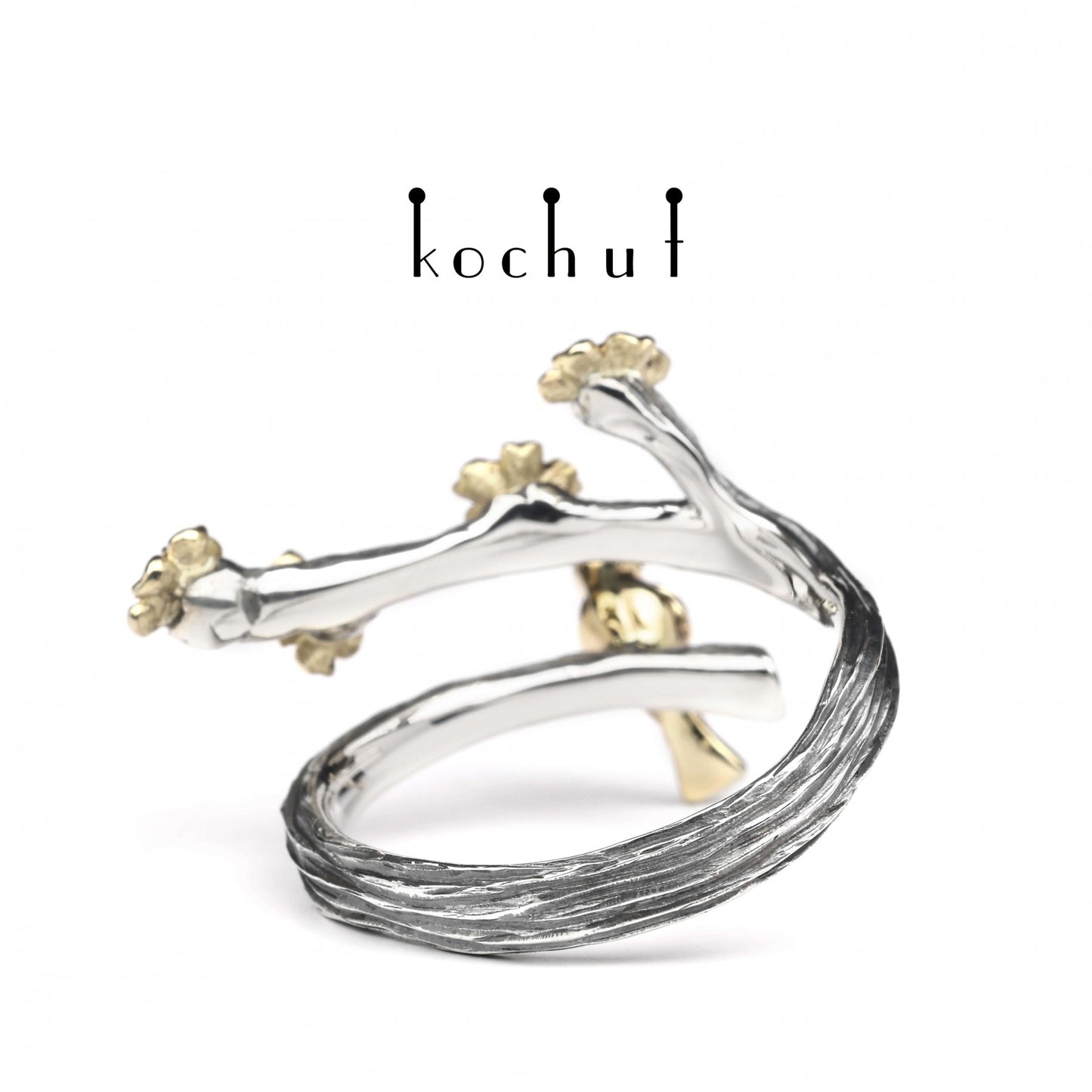 Vögelchen und Blumen – Ring aus oxidiertem Silber und Gelbgold mit Diamanten