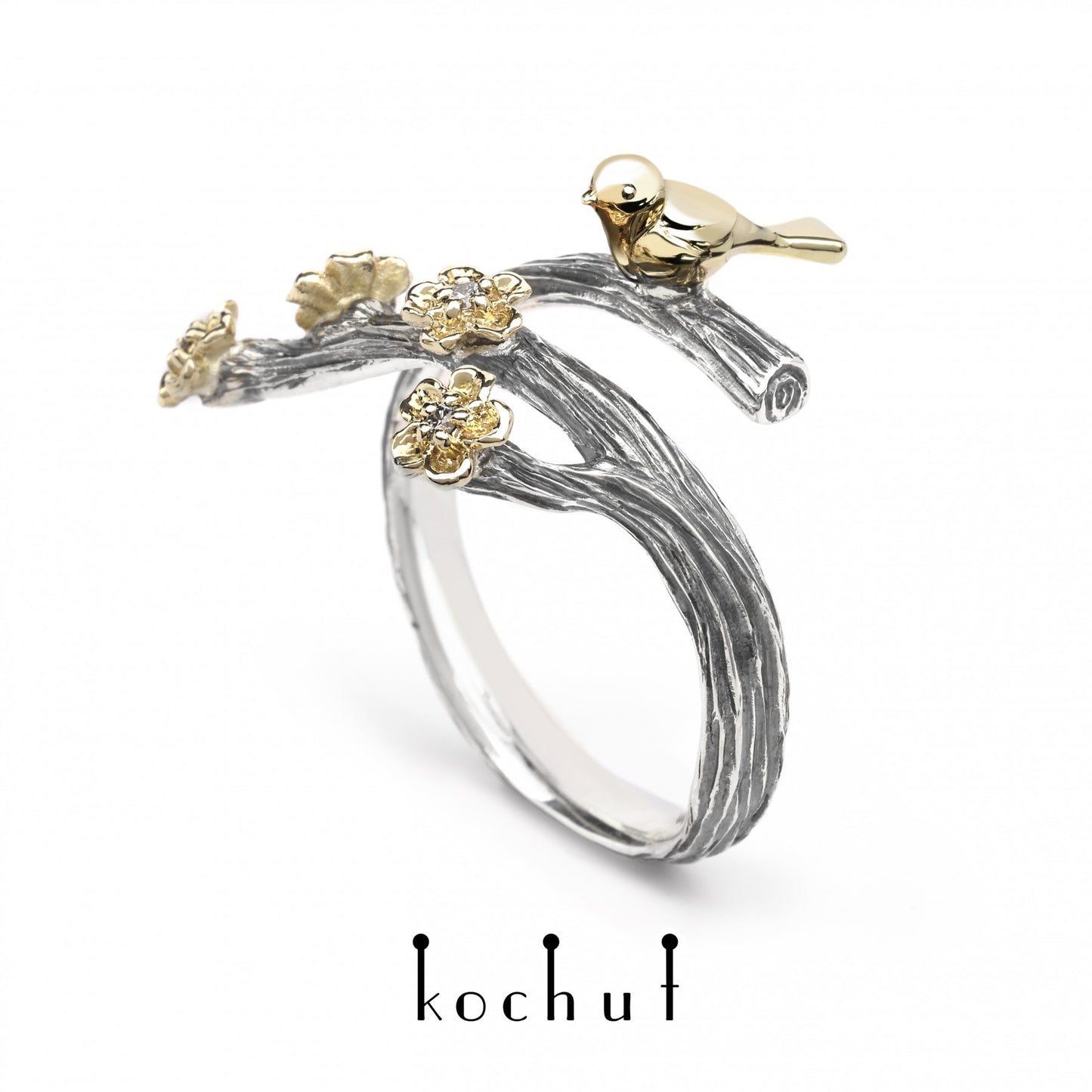 Vögelchen und Blumen – Ring aus oxidiertem Silber und Gelbgold mit Diamanten