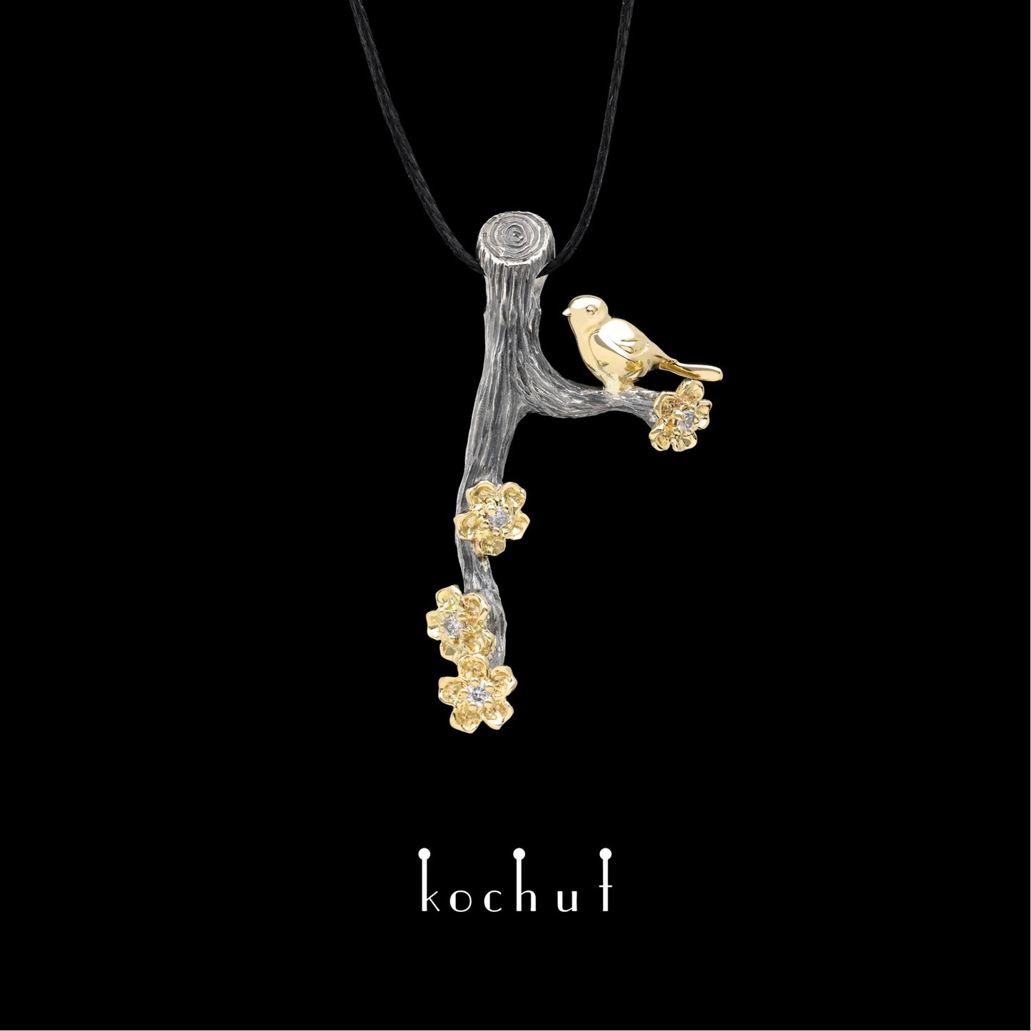 Vögelchen und Blumen – Anhänger aus oxidiertem Silber und Gelbgold mit Diamanten