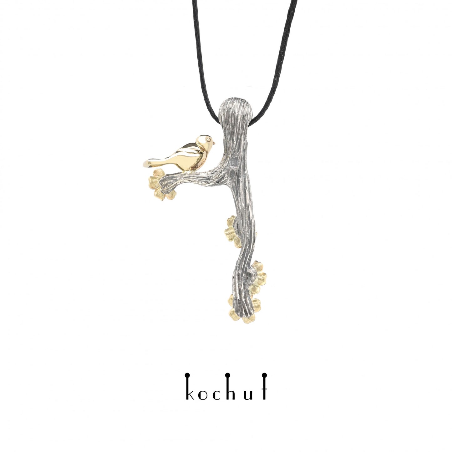Vögelchen und Blumen – Anhänger aus oxidiertem Silber und Gelbgold mit Diamanten