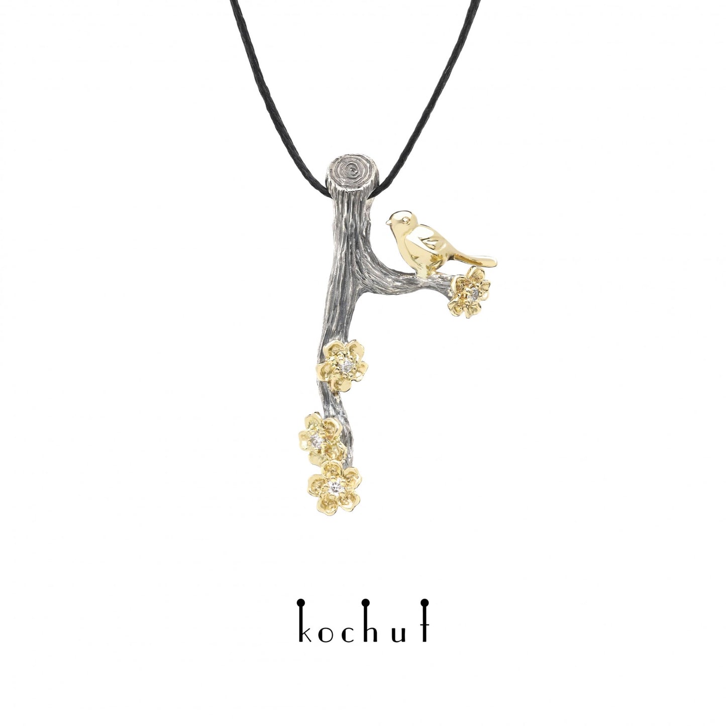 Vögelchen und Blumen – Anhänger aus oxidiertem Silber und Gelbgold mit Diamanten