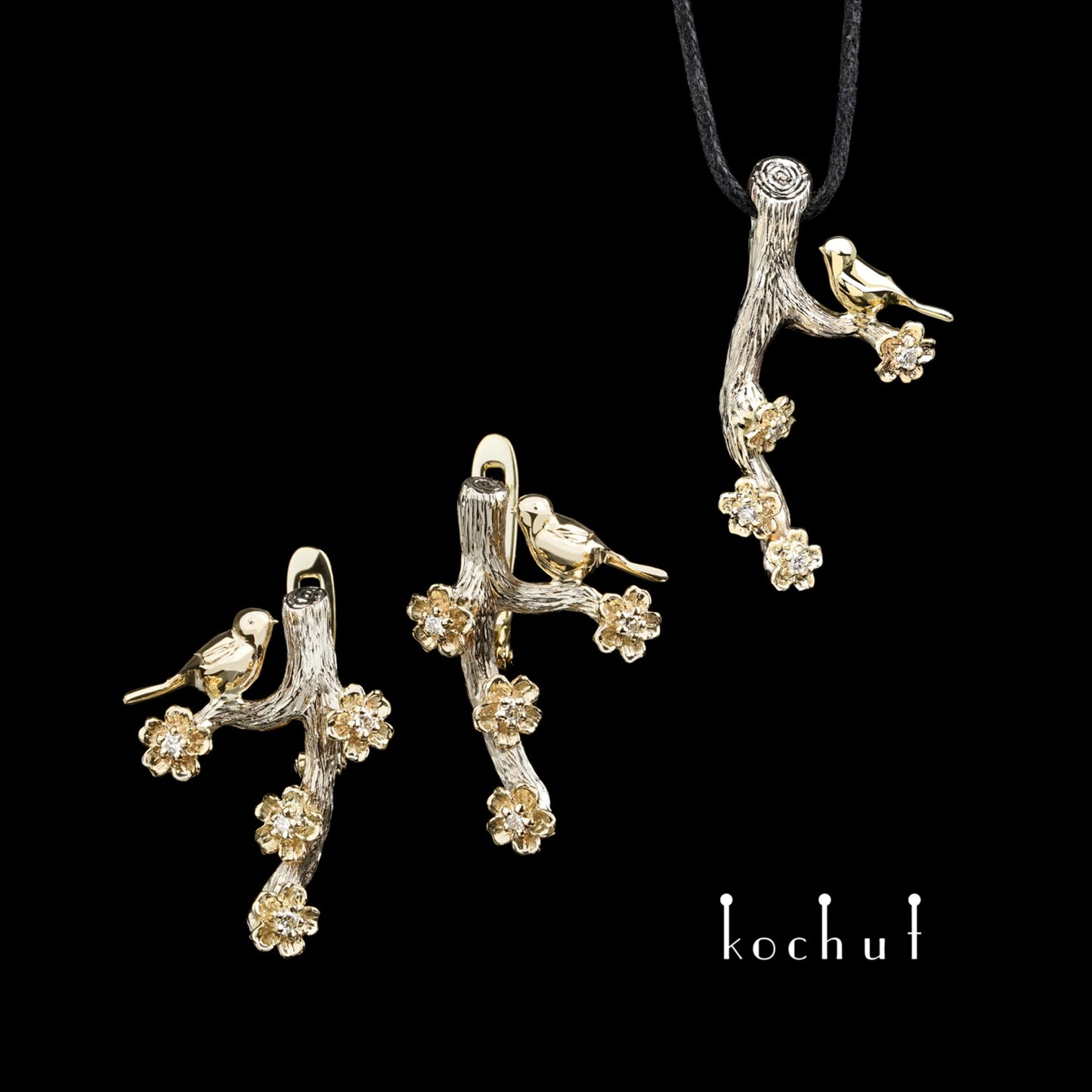 Vögelchen und Blumen — Set aus Weiß- und Gelbgold 14K mit Diamanten