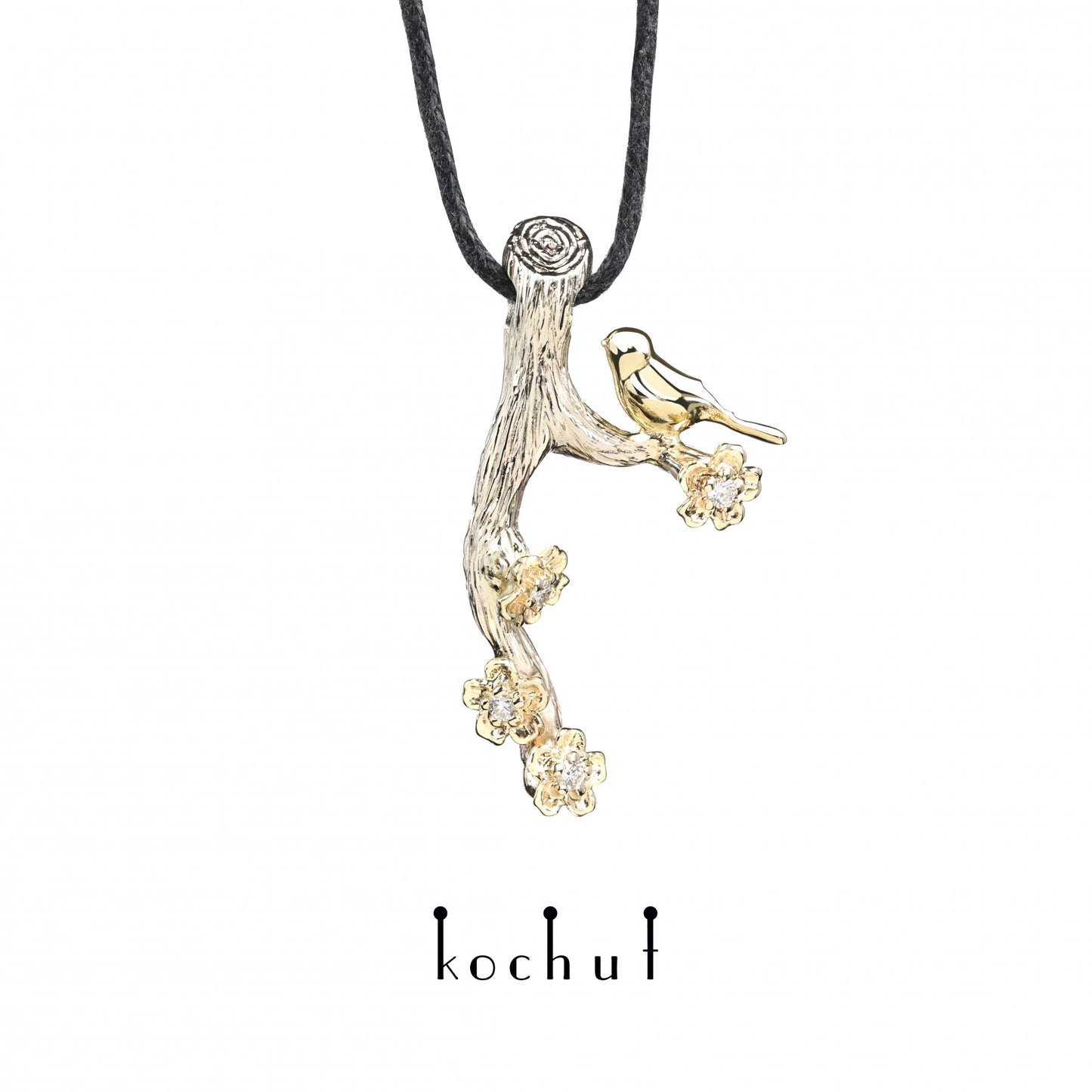 Vögelchen und Blumen — Set aus Weiß- und Gelbgold 14K mit Diamanten