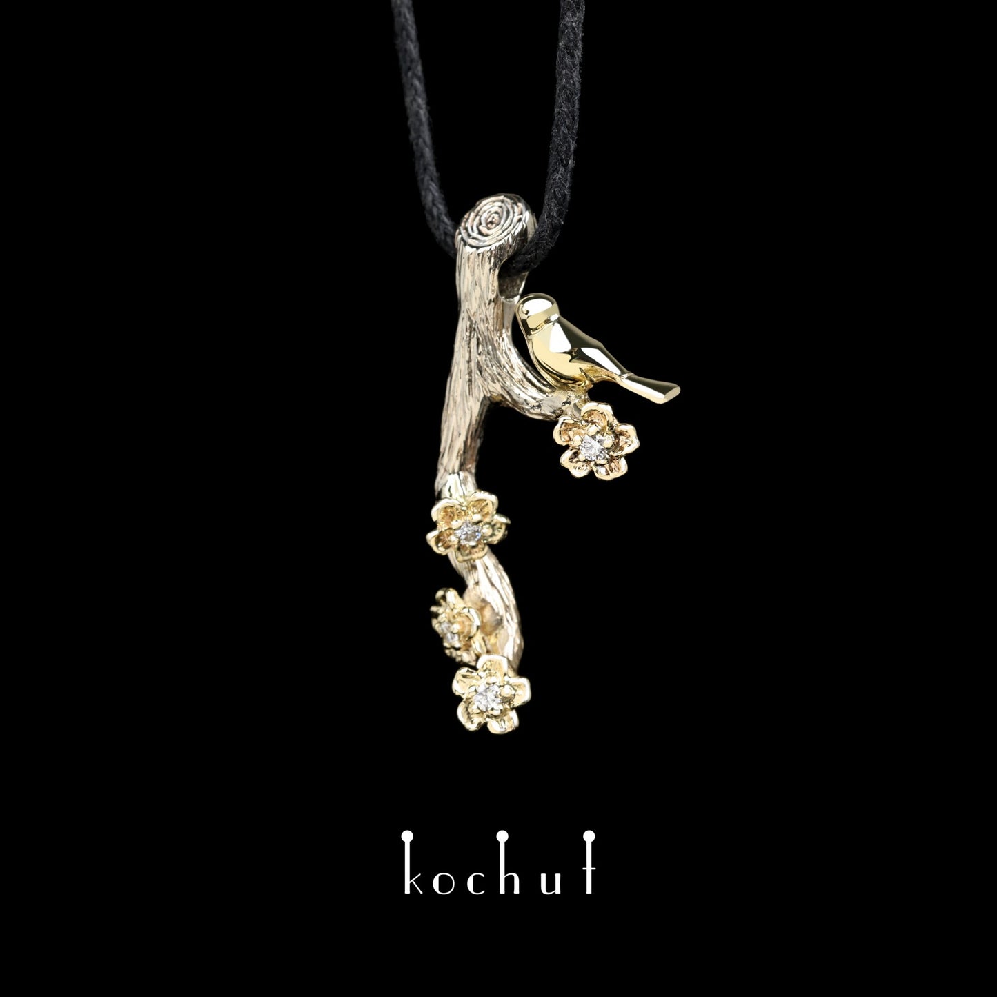 Vögelchen und Blumen — Set aus Weiß- und Gelbgold 14K mit Diamanten