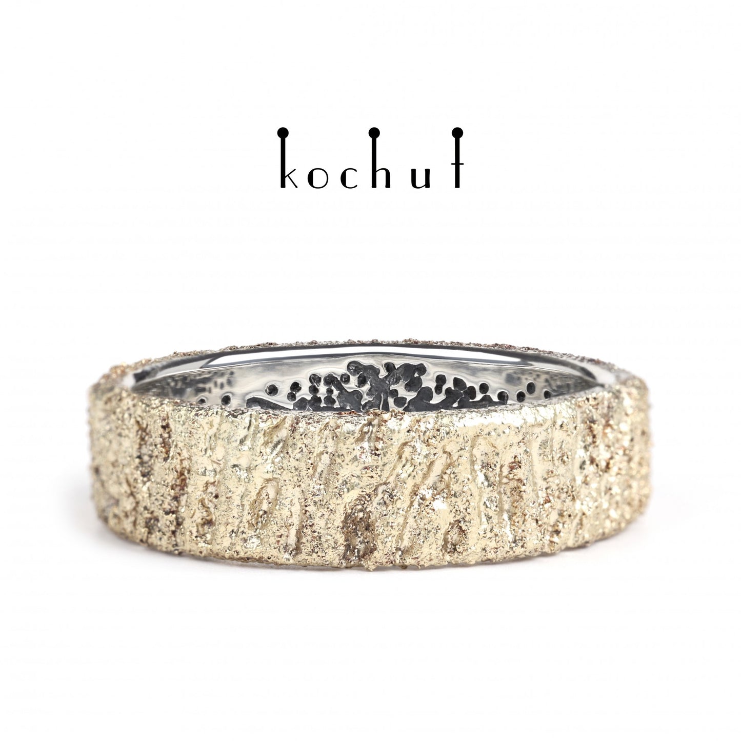 Baum des Lebens: Eichenrinde – Ehering aus oxidiertem Sterlingsilber, mit Belag aus Gelbgold