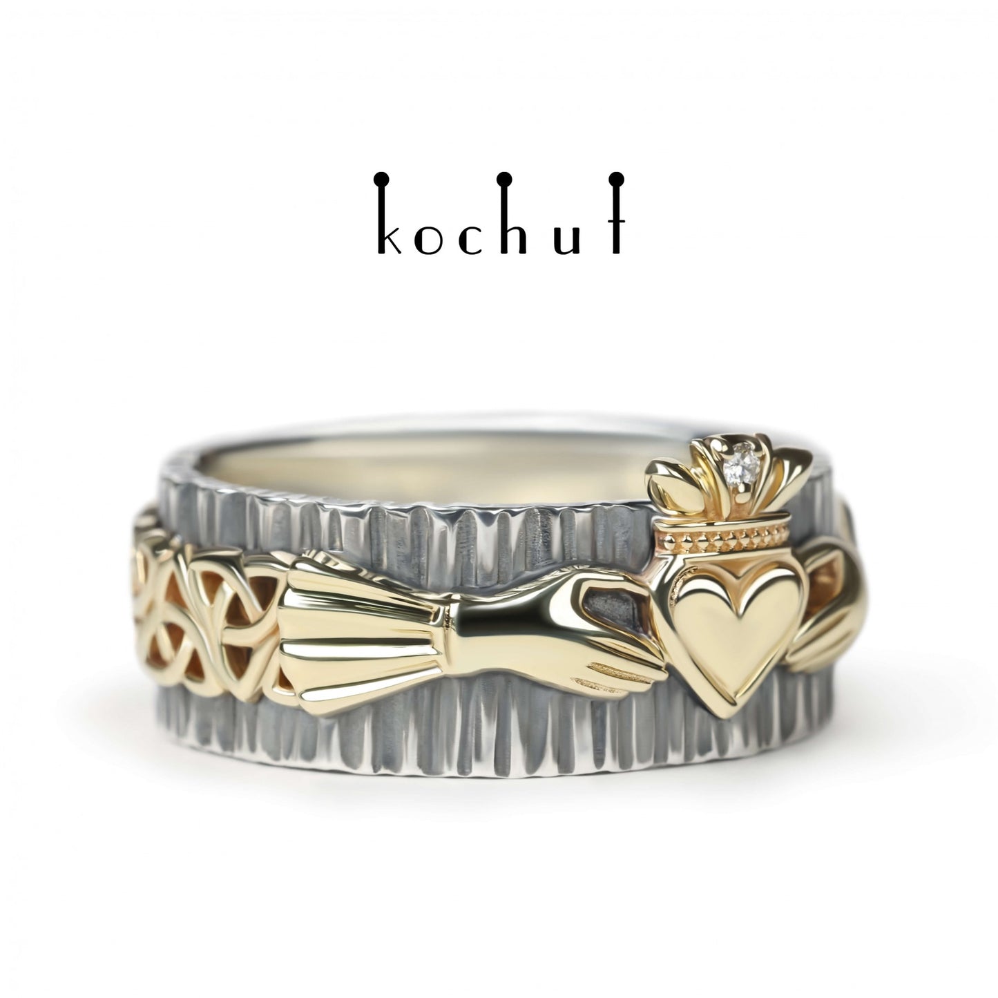 Claddagh: Freundschaft — Ring aus oxidiertem Silber und Gelbgold mit Diamant