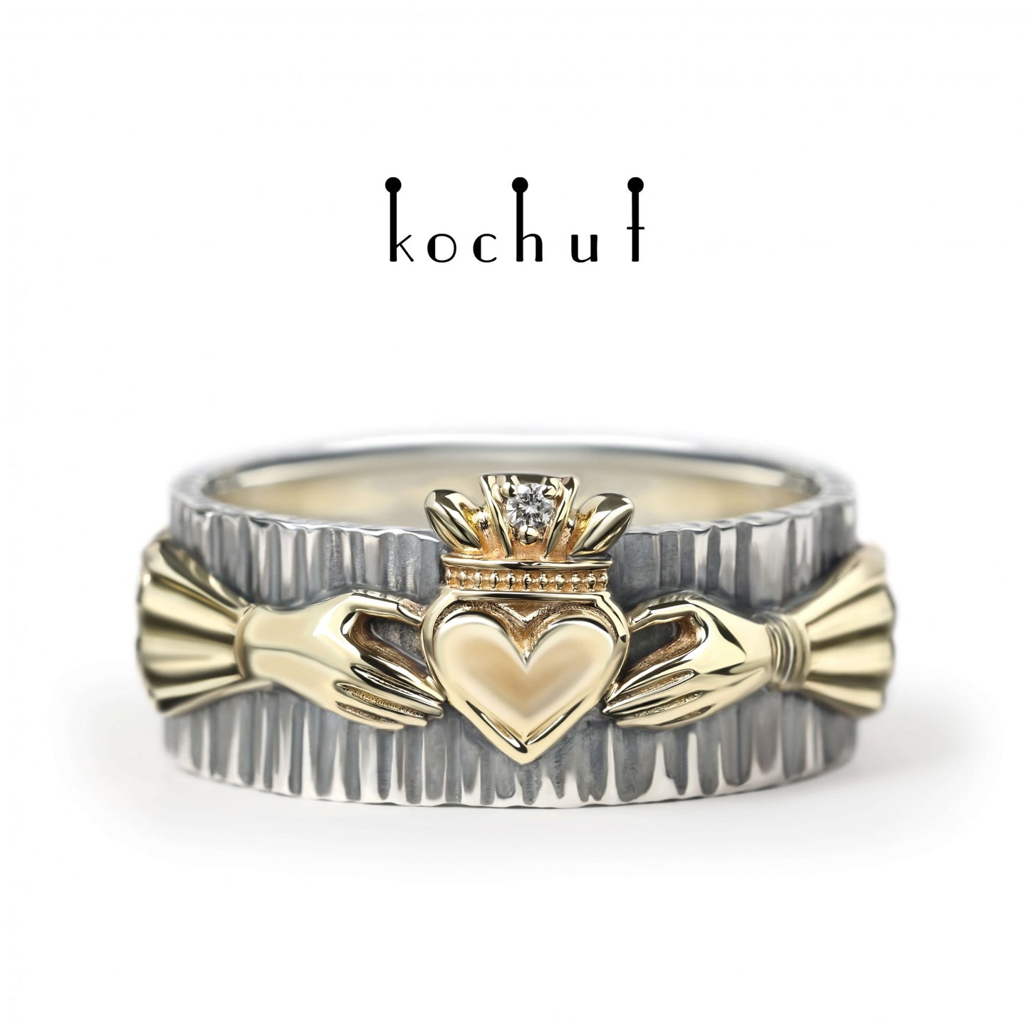 Claddagh: Freundschaft — Ring aus oxidiertem Silber und Gelbgold mit Diamant