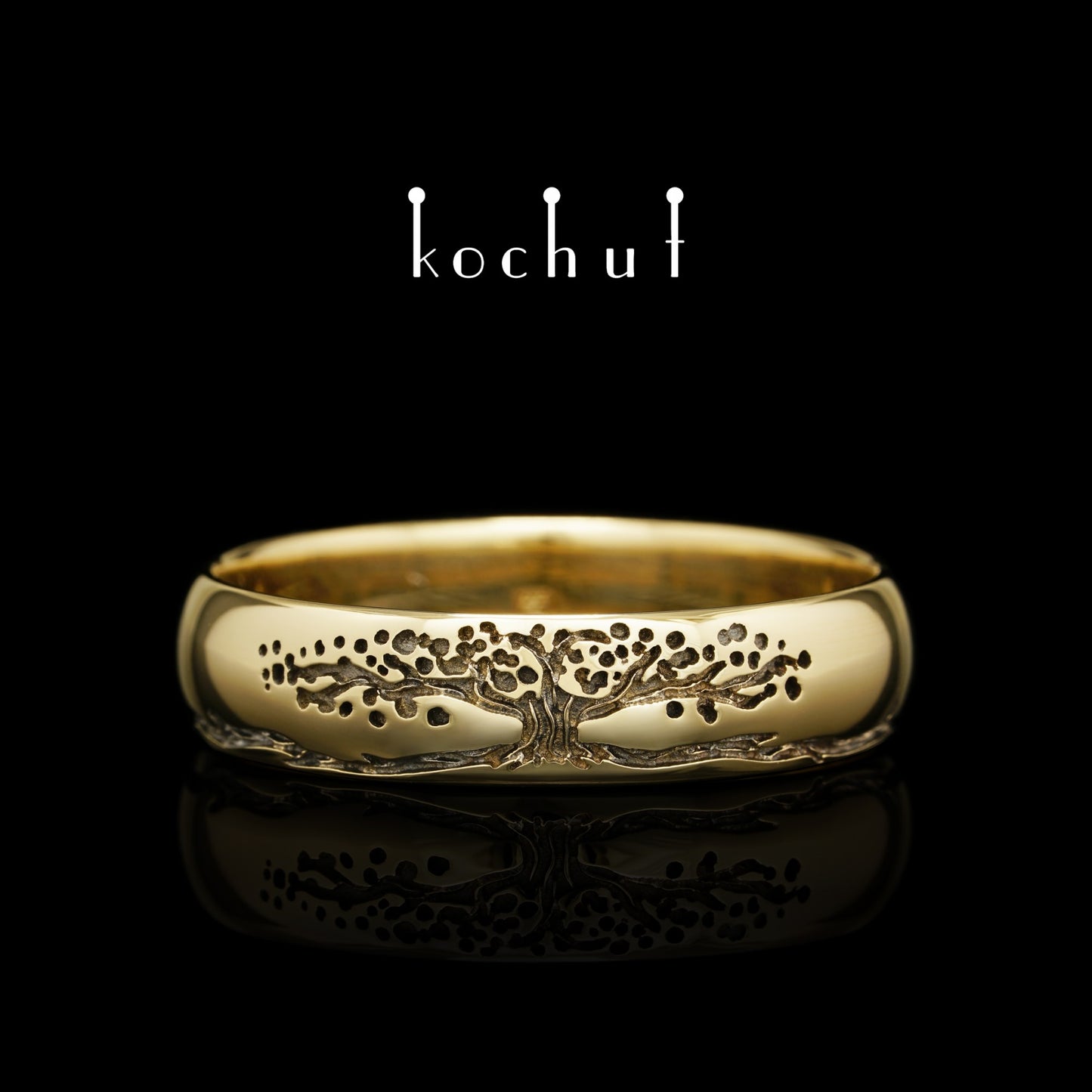 Baum des Lebens: Stiele - Ehering aus Gelbgold, überzogen mit schwarzem Rhodium (5.5 mm)