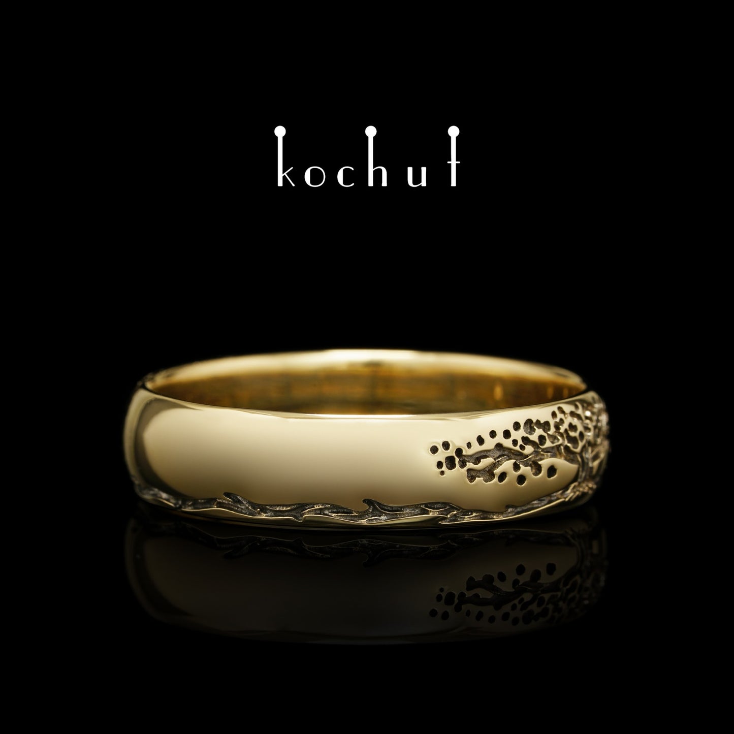 Baum des Lebens: Stiele - Ehering aus Gelbgold, überzogen mit schwarzem Rhodium (6.5 mm)