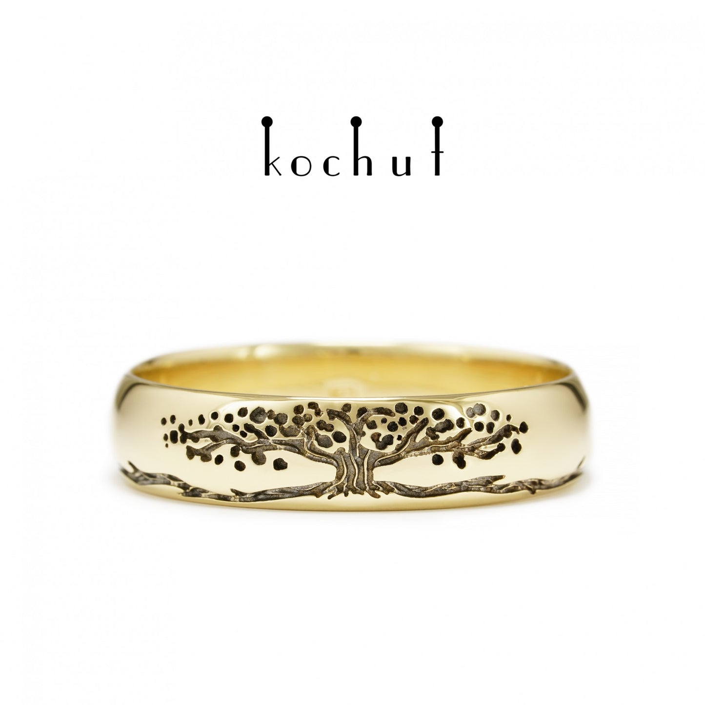 Baum des Lebens: Stiele - Ehering aus Gelbgold, überzogen mit schwarzem Rhodium (6.5 mm)