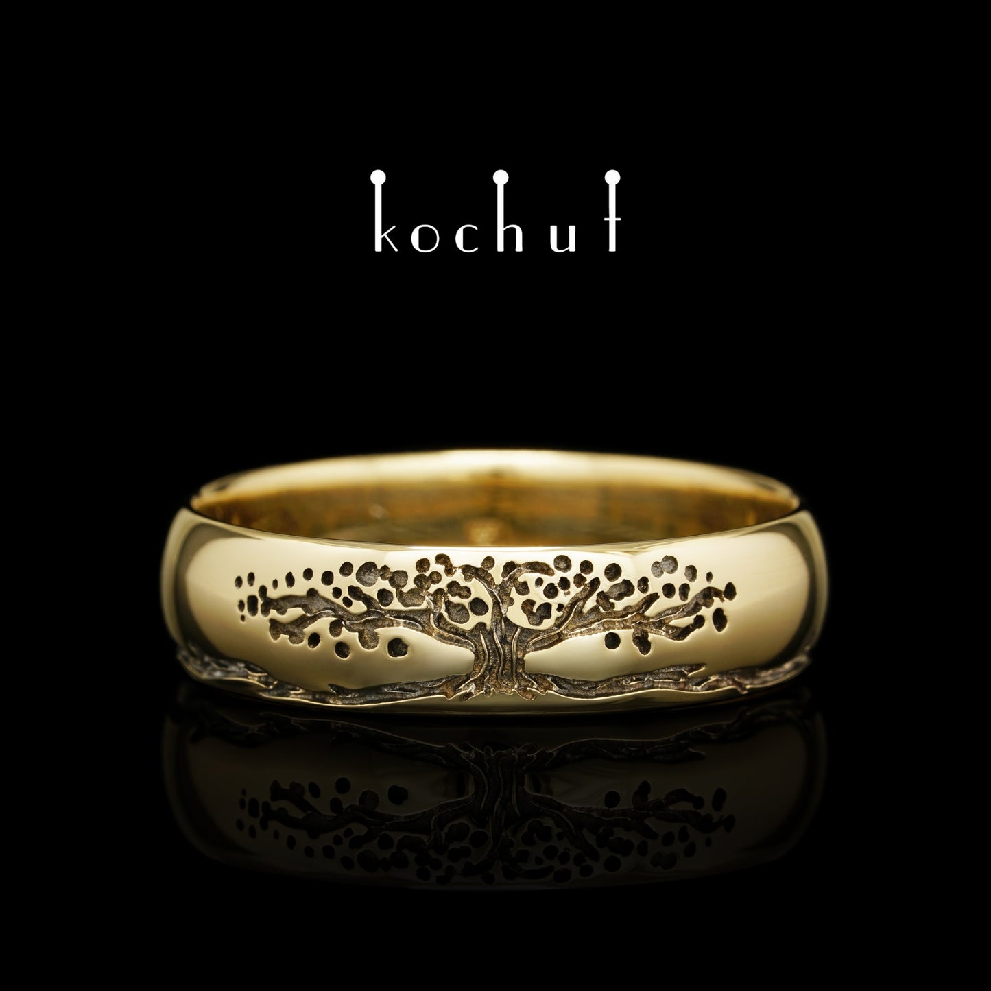 Baum des Lebens: Stiele - Ehering aus Gelbgold, überzogen mit schwarzem Rhodium (6.5 mm)