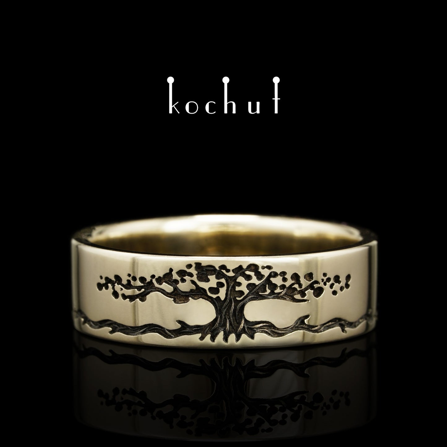 Baum des Lebens: Stiele - Ehering aus Weißgold, überzogen mit schwarzem Rhodium (6.5 mm)