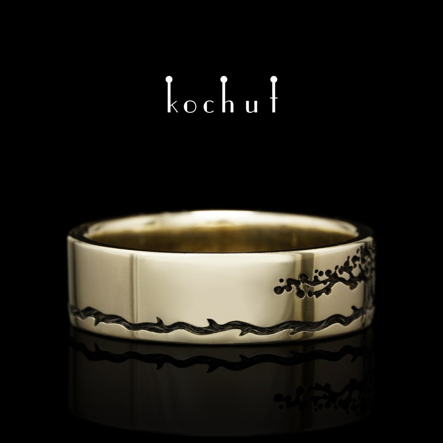 Baum des Lebens: Stiele - Ehering aus Weißgold, überzogen mit schwarzem Rhodium (6.5 mm)