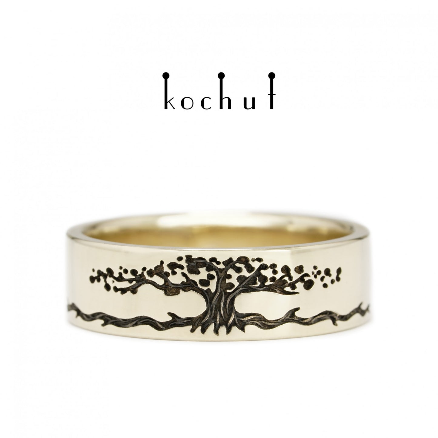 Baum des Lebens: Stiele - Ehering aus Weißgold, überzogen mit schwarzem Rhodium (6.5 mm)