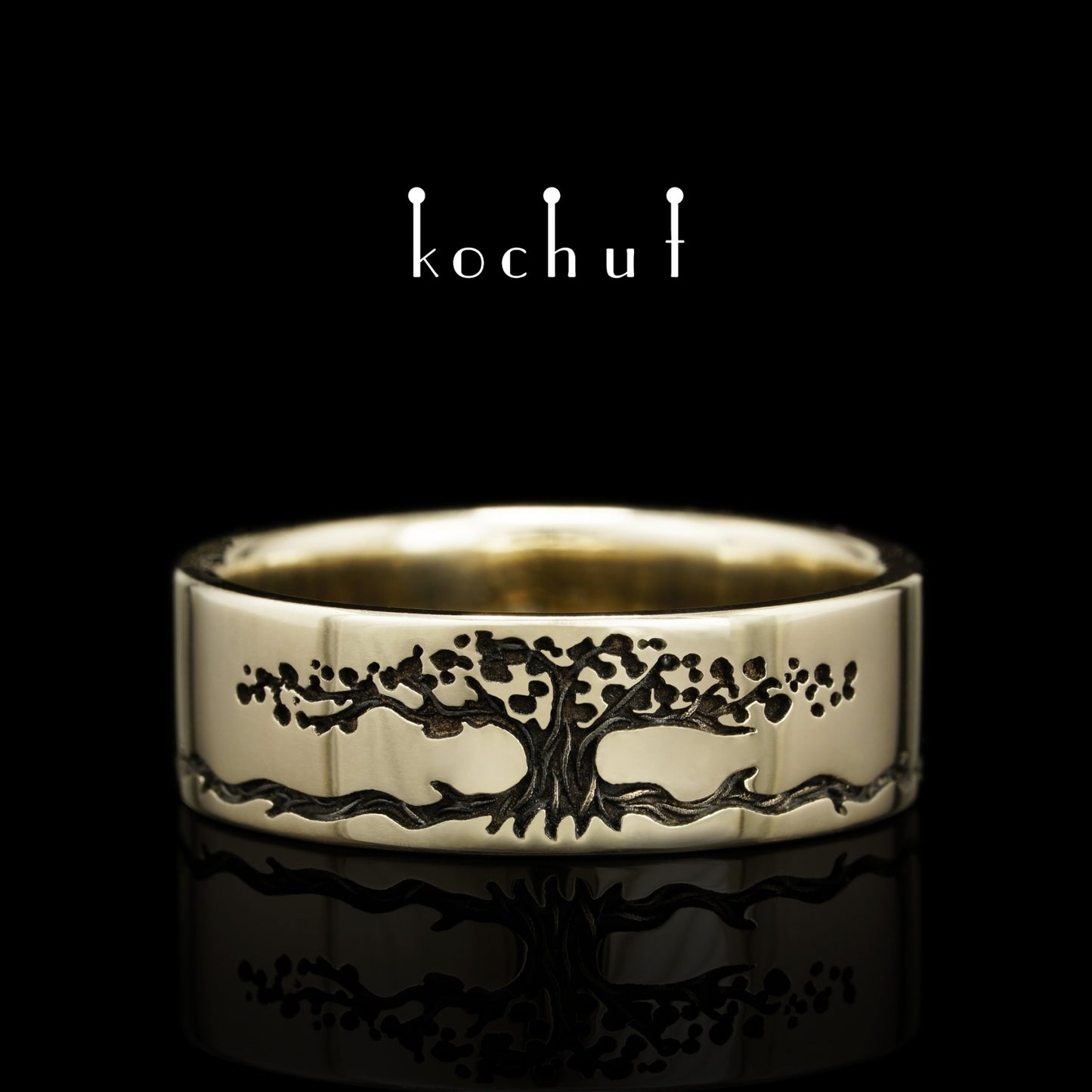 Baum des Lebens: Stiele - Ehering aus Weißgold, überzogen mit schwarzem Rhodium (7 mm)