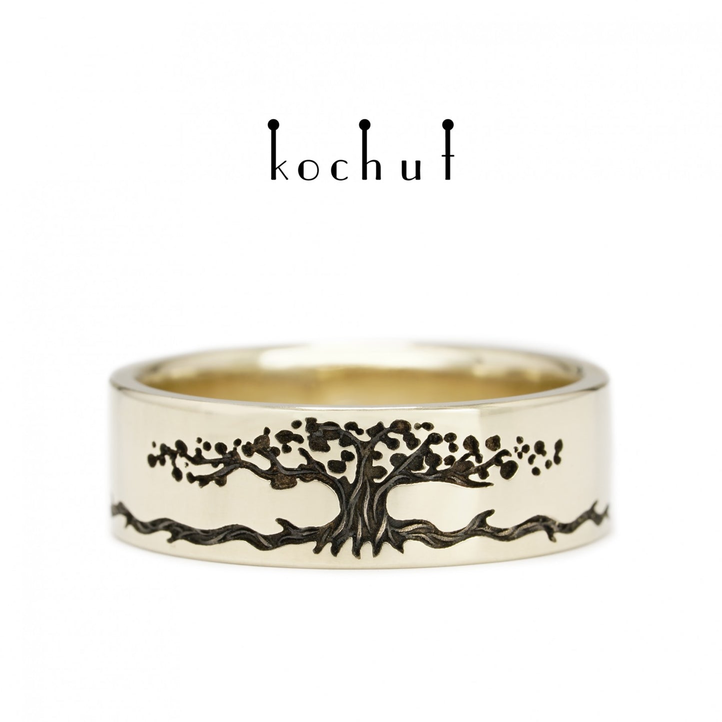 Baum des Lebens: Stiele - Ehering aus Weißgold, überzogen mit schwarzem Rhodium (7 mm)