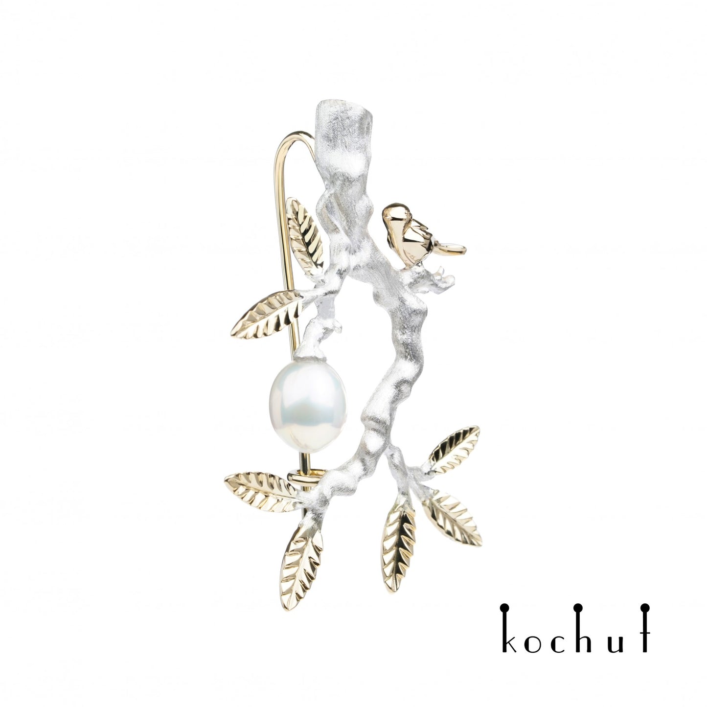 Paradiesischer Zweig – Brosche aus Sterlingsilber, Gelbgold und Perle