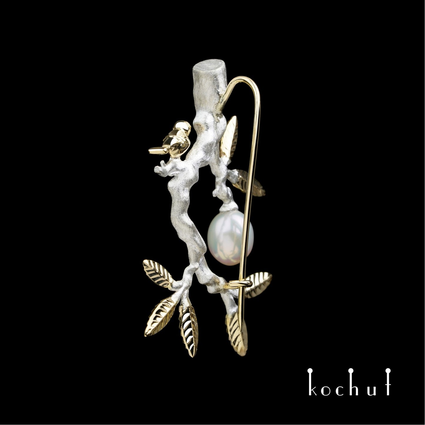 Paradiesischer Zweig – Brosche aus Sterlingsilber, Gelbgold und Perle