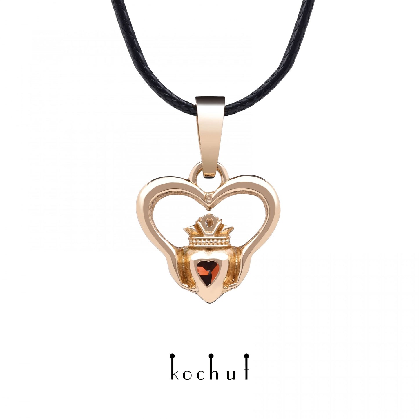 Claddagh — Anhänger aus Rotgold mit rotem Granat und Diamant