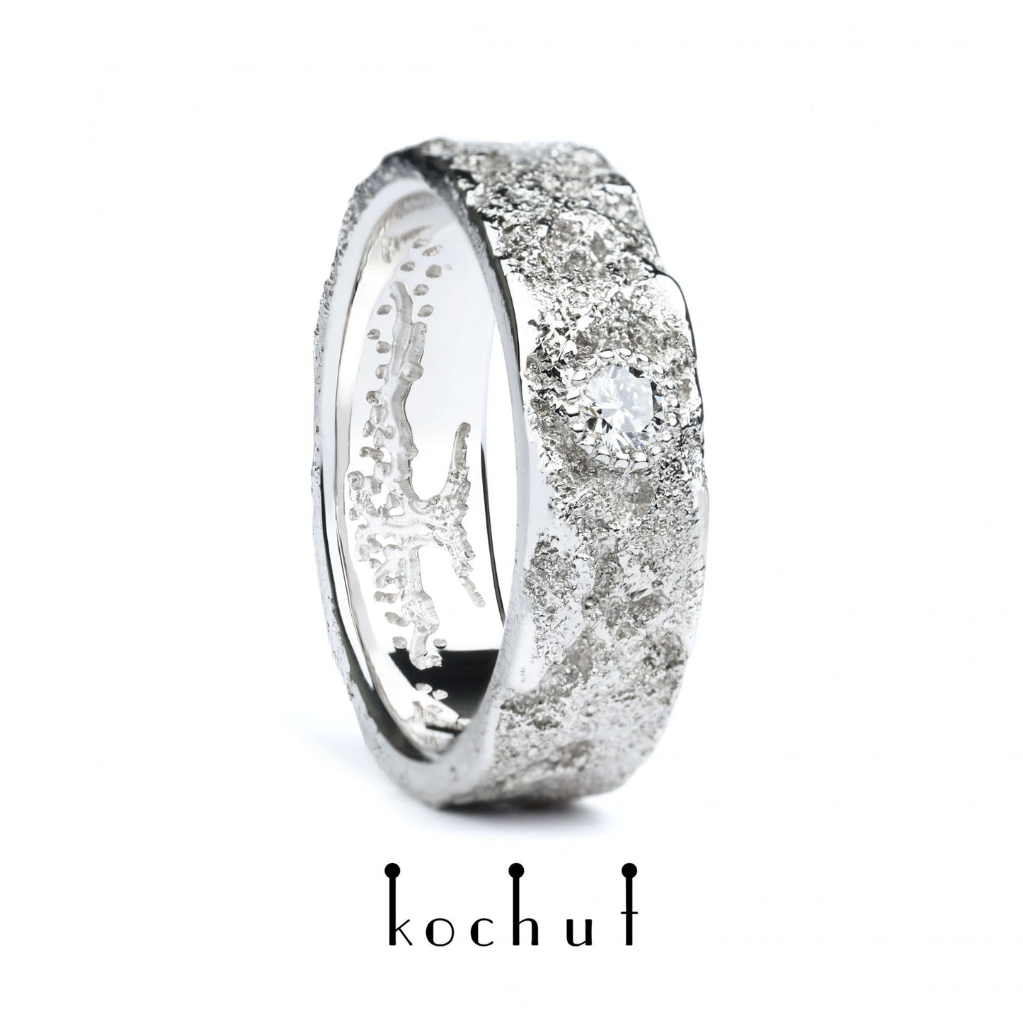 Leib und Seele mit dem Baum des Lebens — Weißgold-Ehering, weißgoldbeschichtet, und Diamant