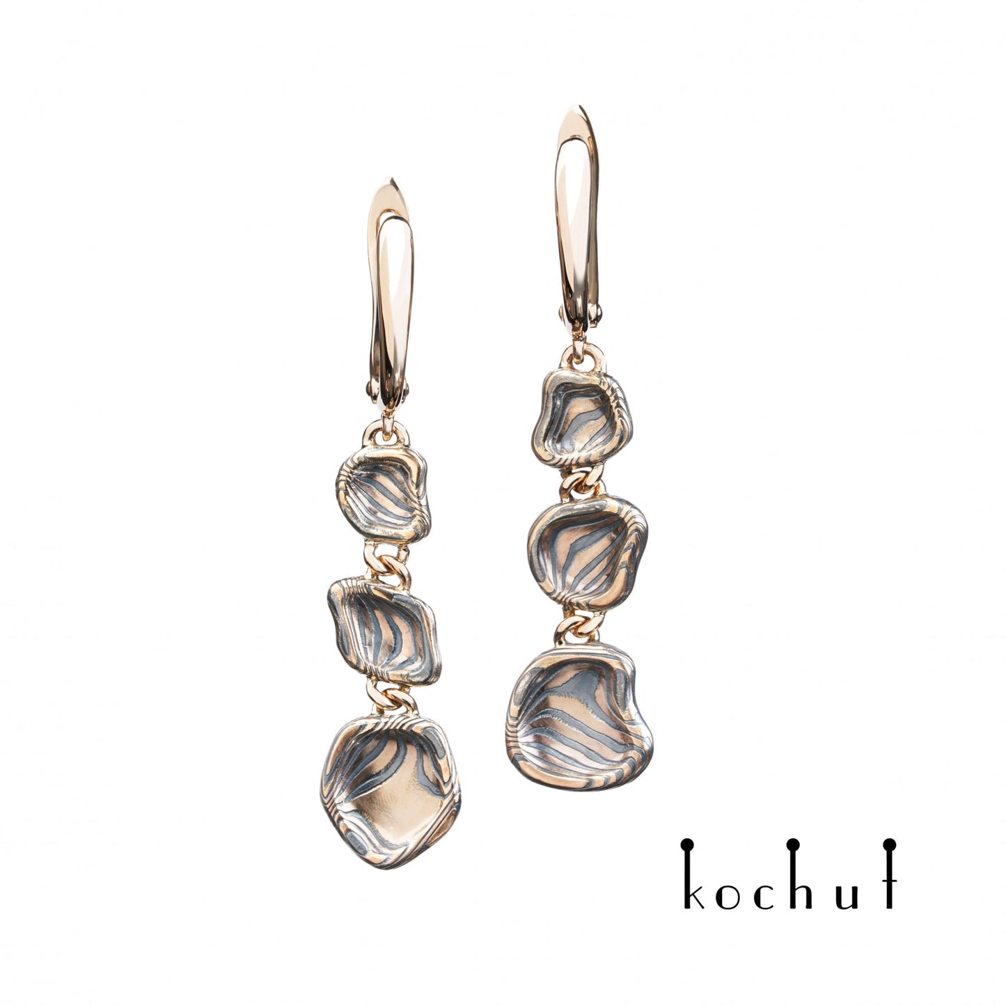 Kalahari – Mokume-Ohrringe aus geätztem und oxidiertem Silber und Rotgold