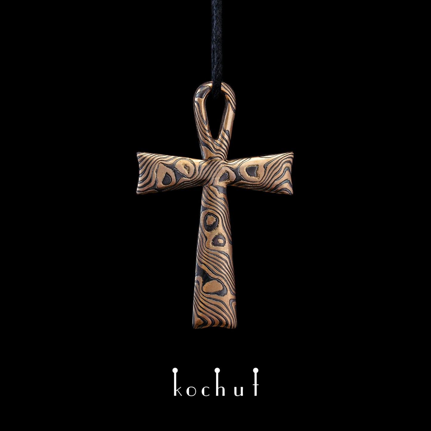Nur eins – Mokume-Kreuz aus Rotgold, geätztem und oxidiertem Silber