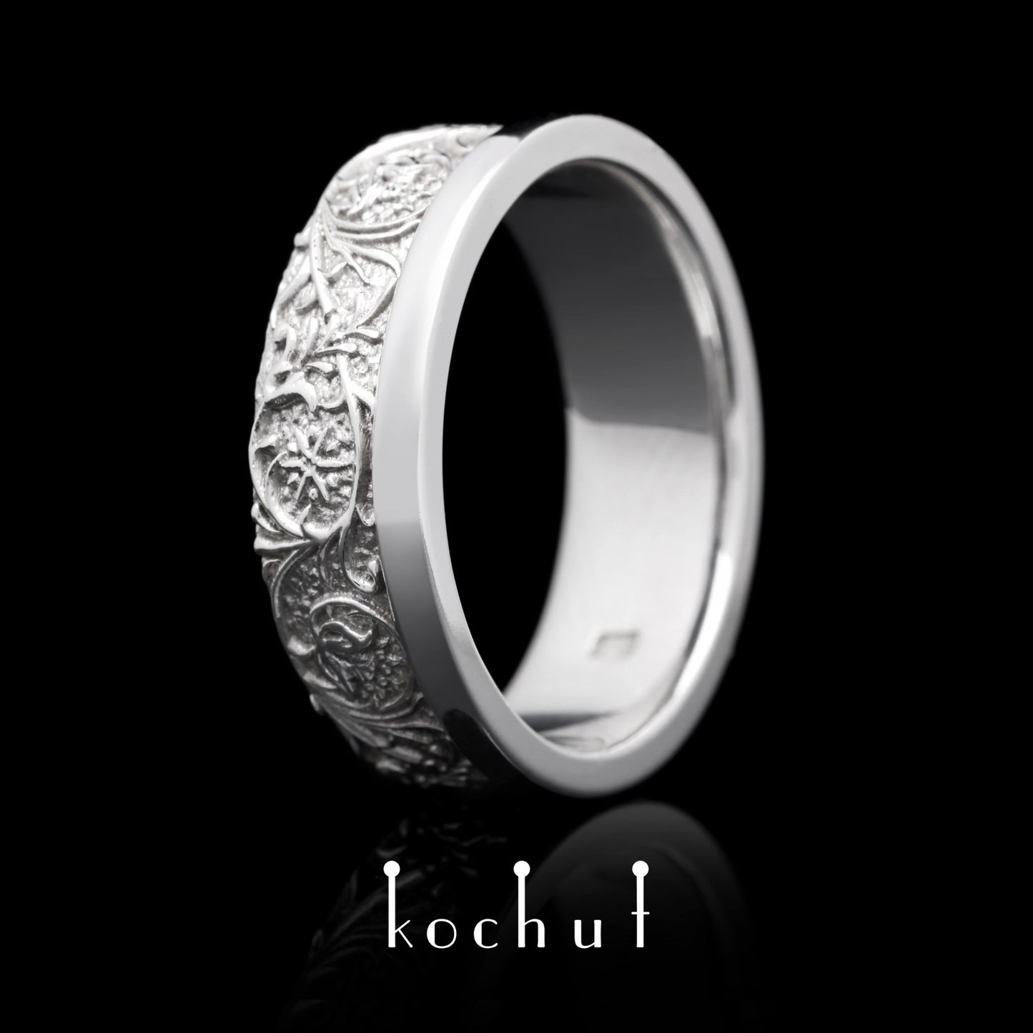 Harmonie der Natur — Ehering aus Weißgold, überzogen mit weißem Rhodium