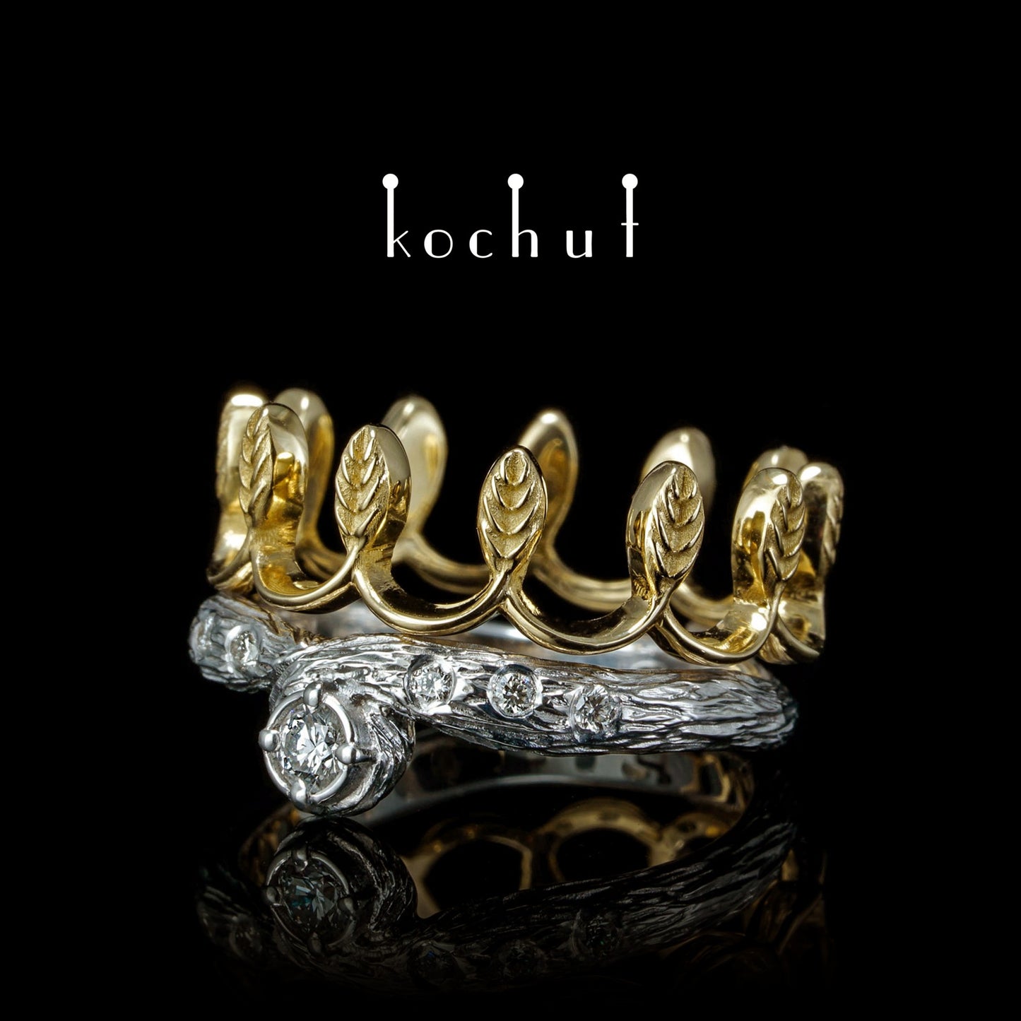 Ihrer Majestät - Doppelter Ring, Sterlingsilber und Gelbgold mit Diamanten, überzogen mit weißem Rhodium