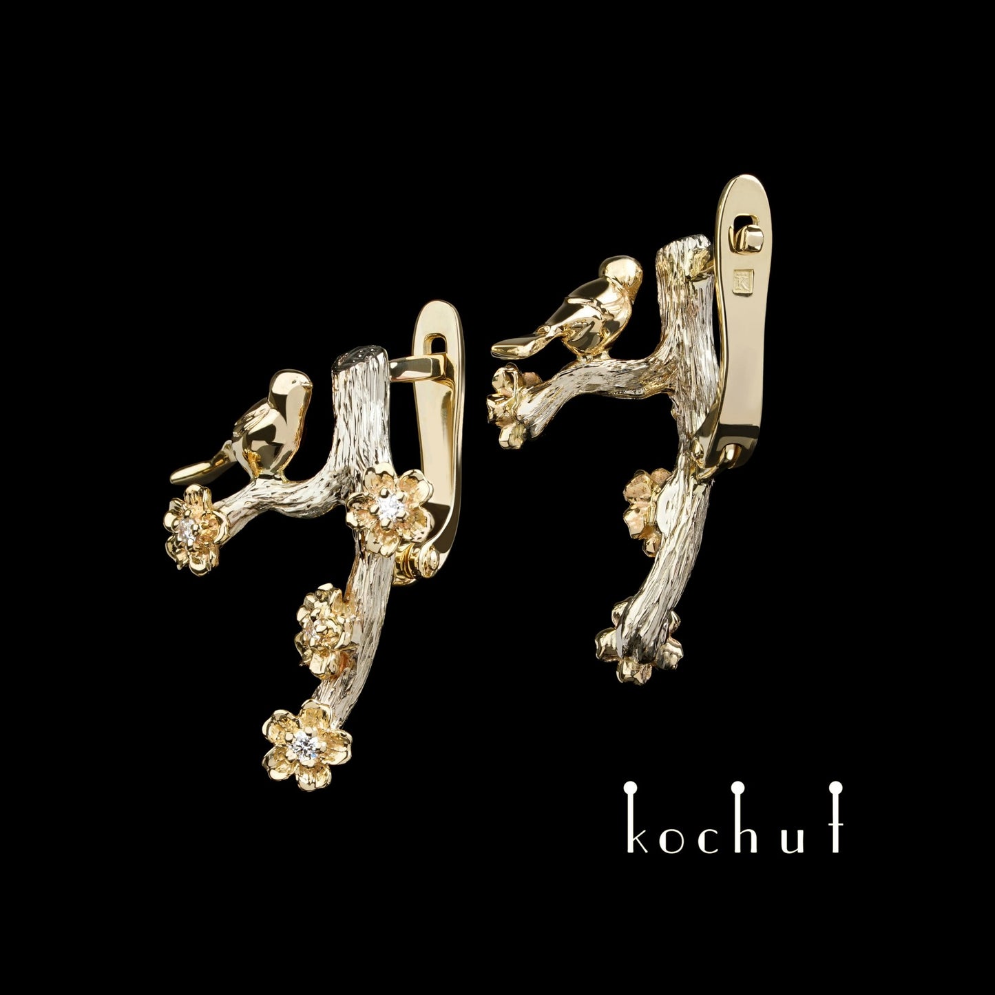 Vögelchen und Blumen — Set aus Weiß- und Gelbgold 14K mit Diamanten