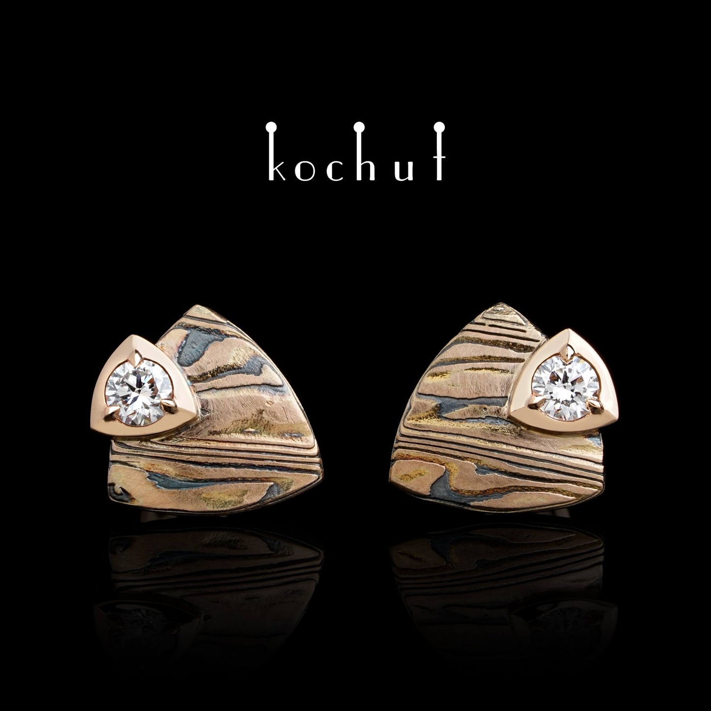 Seiche – Mokume-Ohrringe aus Rotgold und geätztem, oxidiertem Silber mit Diamanten.