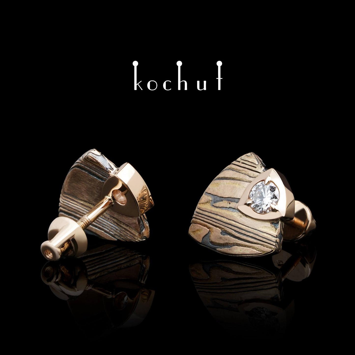 Seiche – Mokume-Ohrringe aus Rotgold und geätztem, oxidiertem Silber mit Diamanten.