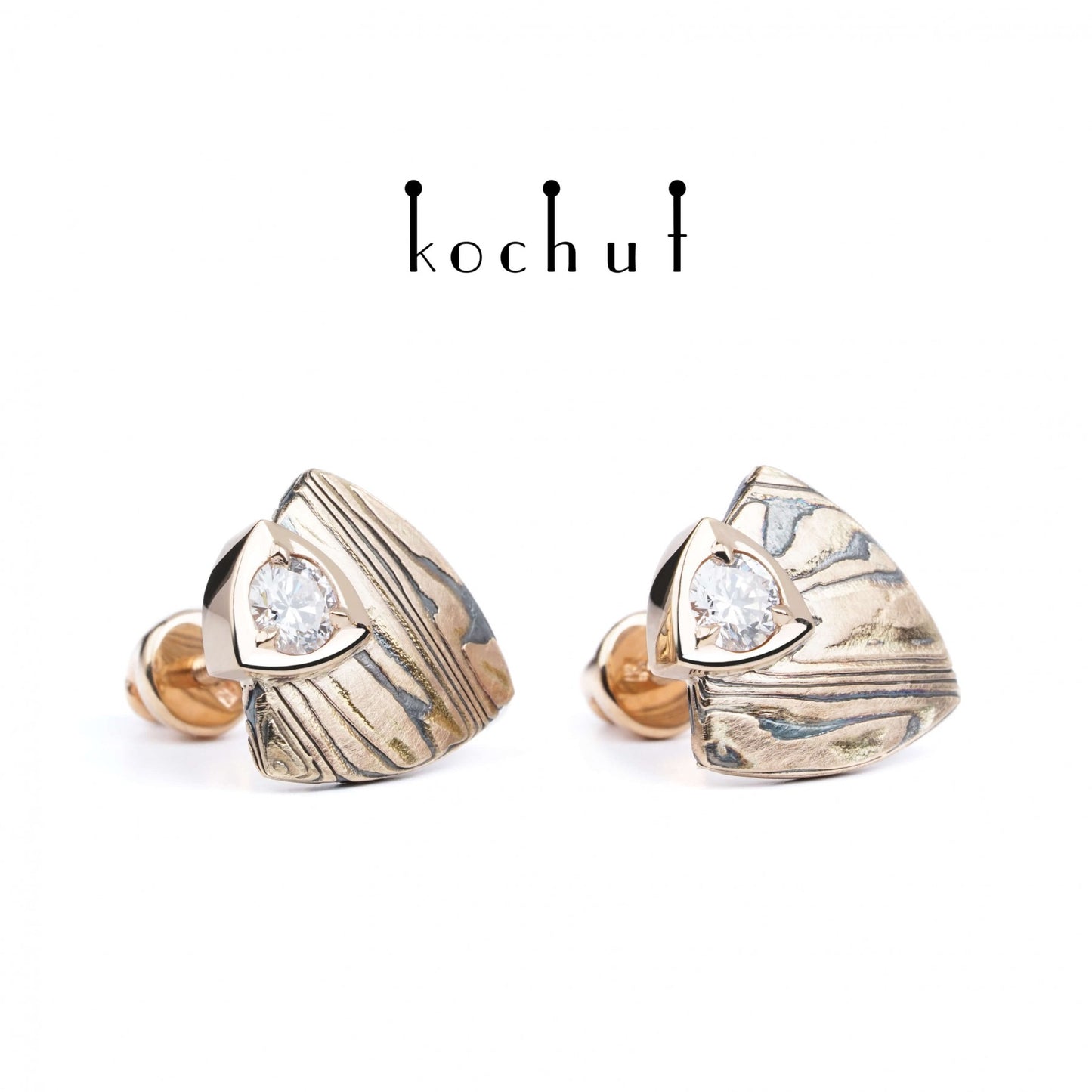 Seiche – Mokume-Ohrringe aus Rotgold und geätztem, oxidiertem Silber mit Diamanten.