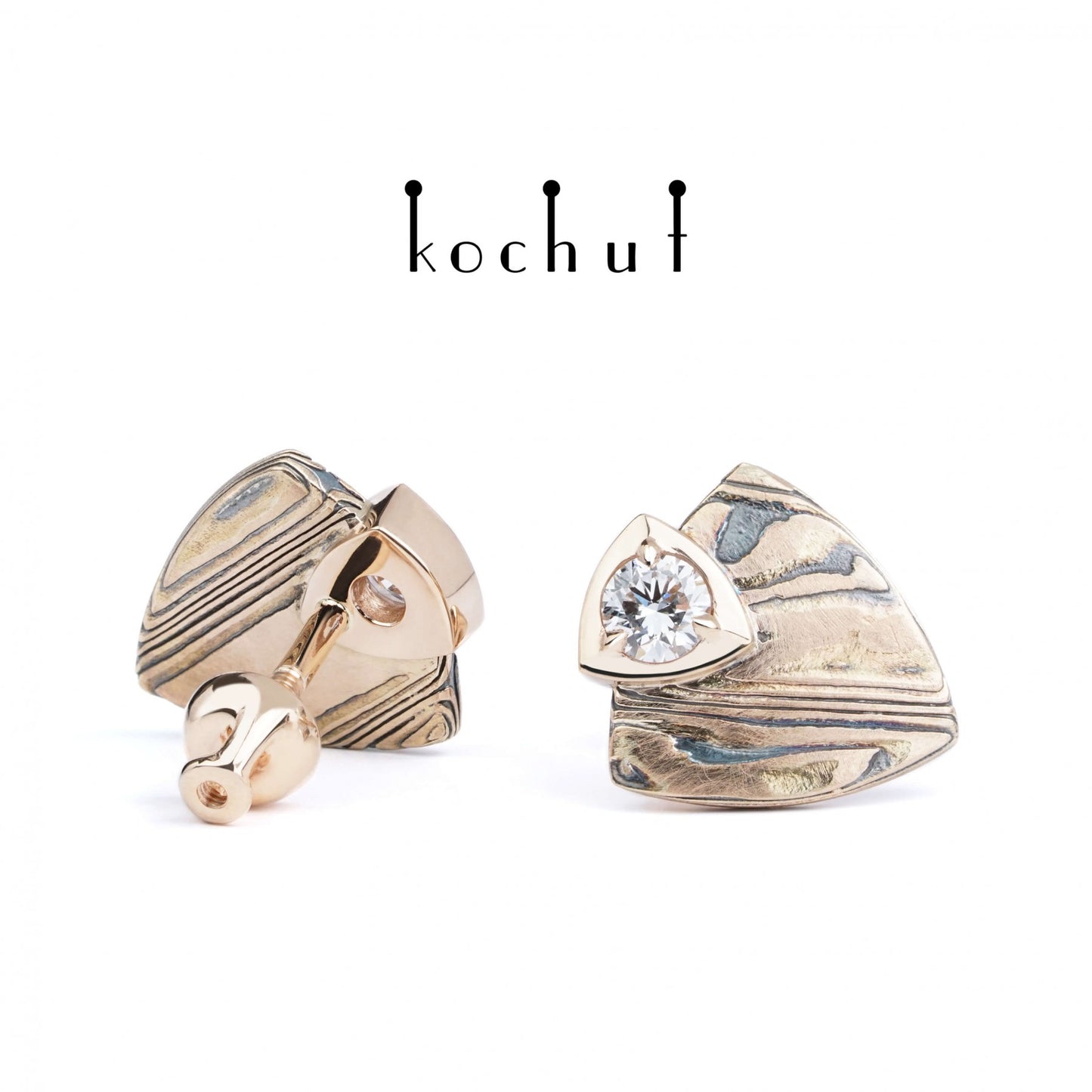 Seiche – Mokume-Ohrringe aus Rotgold und geätztem, oxidiertem Silber mit Diamanten.