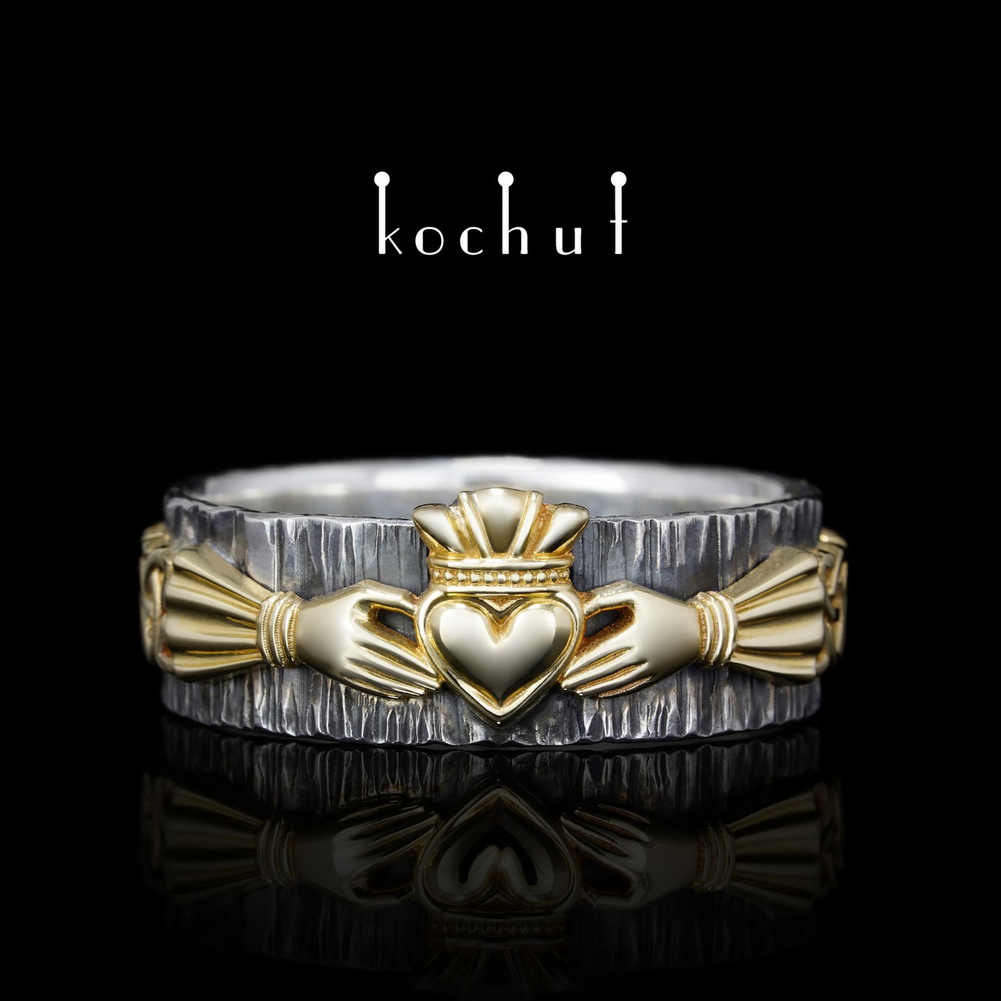 Claddagh: Freundschaft — Ring aus oxidiertem Silber und Gelbgold