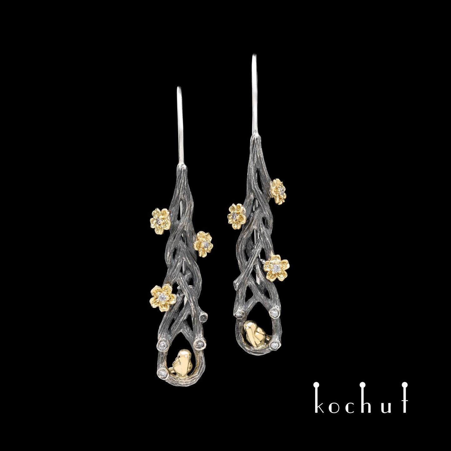 Rivendell – Ohrringe aus oxidiertem Silber und Gelbgold mit Diamanten