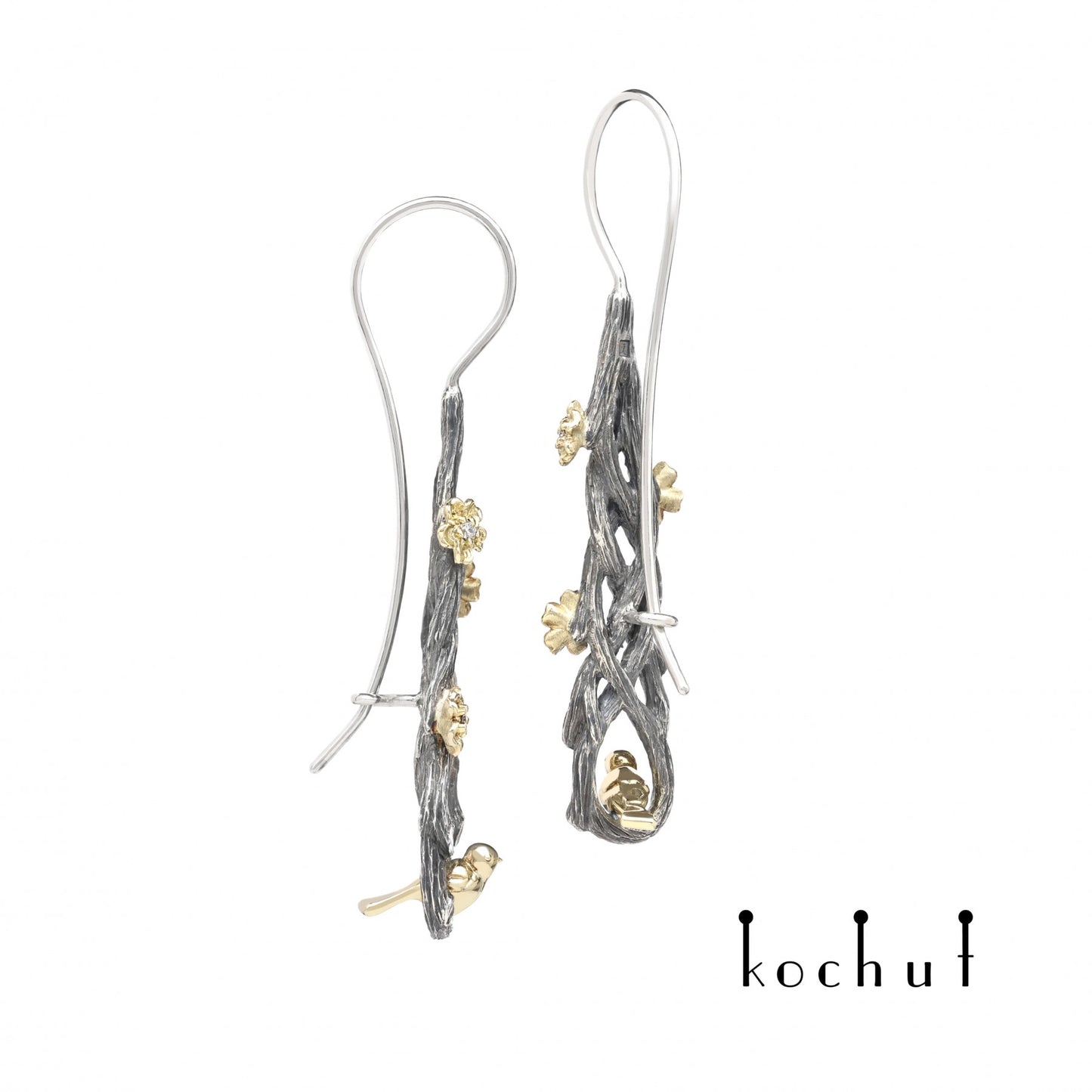 Rivendell – Ohrringe aus oxidiertem Silber und Gelbgold mit Diamanten