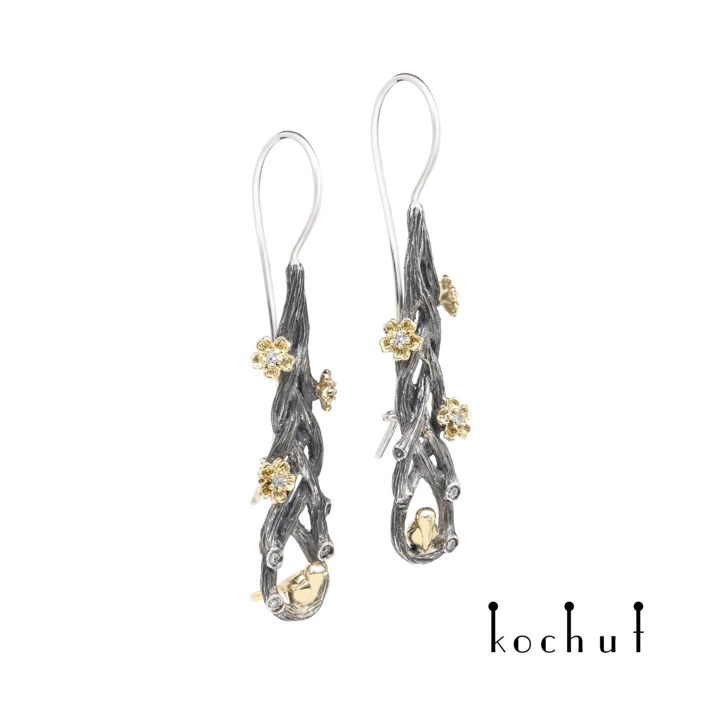 Rivendell – Ohrringe aus oxidiertem Silber und Gelbgold mit Diamanten