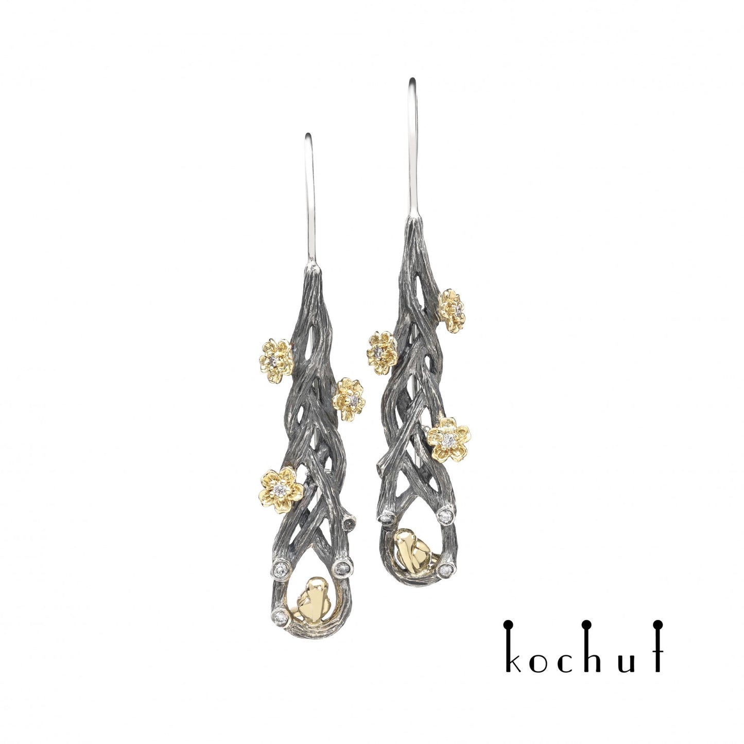 Rivendell – Ohrringe aus oxidiertem Silber und Gelbgold mit Diamanten