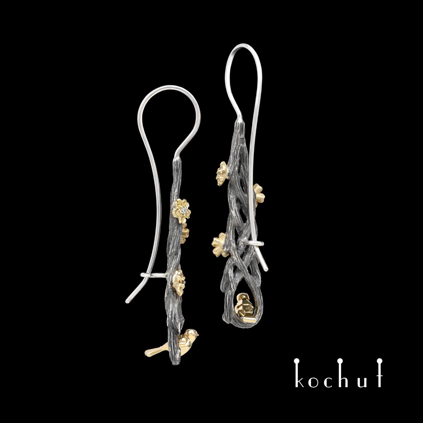 Rivendell – Ohrringe aus oxidiertem Silber und Gelbgold mit Diamanten