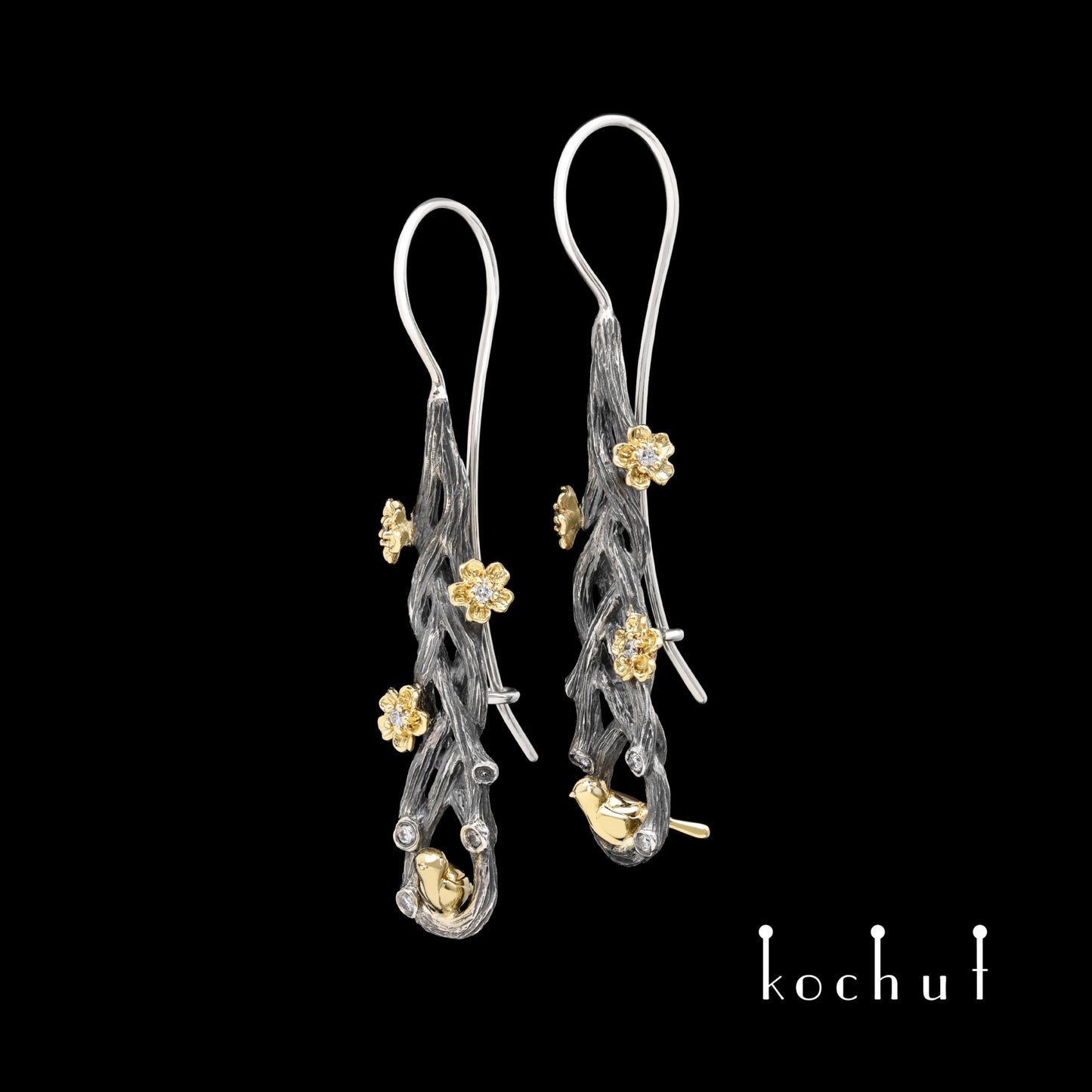 Rivendell – Ohrringe aus oxidiertem Silber und Gelbgold mit Diamanten
