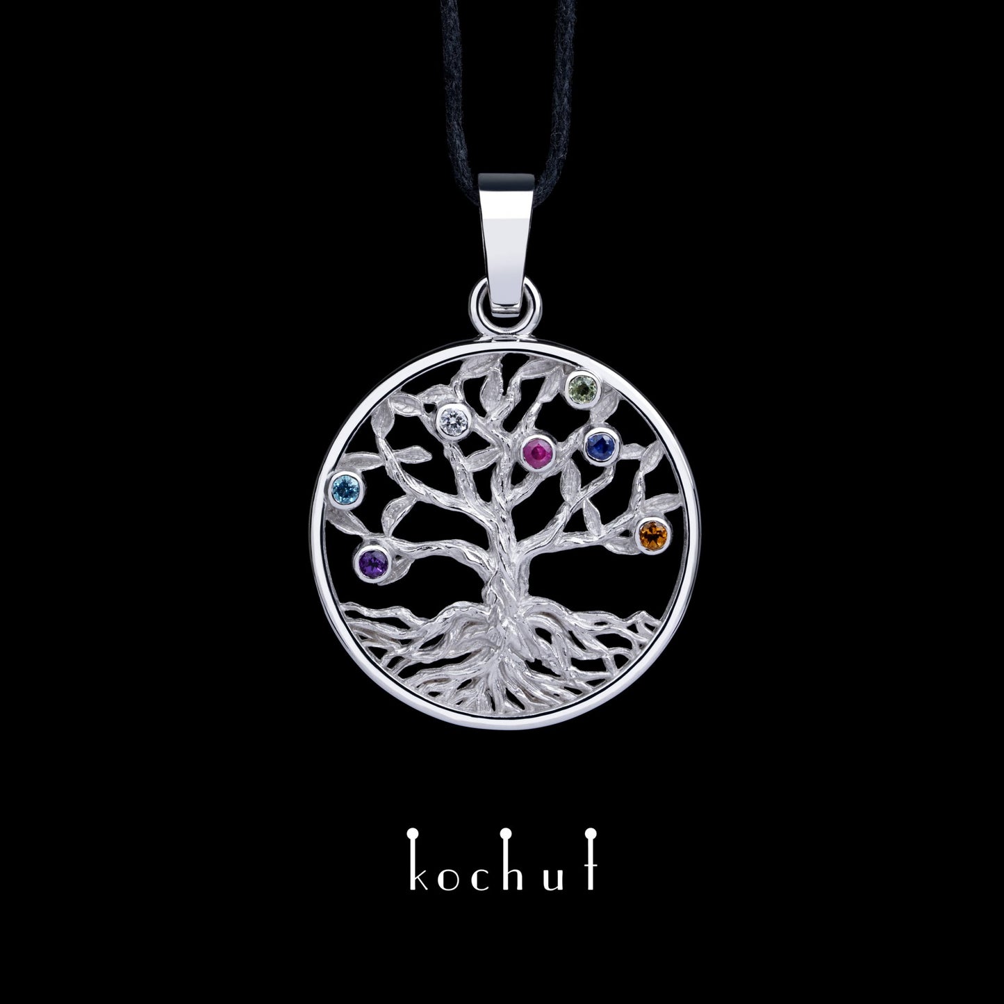 Baum des Lebens: Früchte — Anhänger aus Weißgold mit Edelsteinen, überzogen mit weißem Rhodium