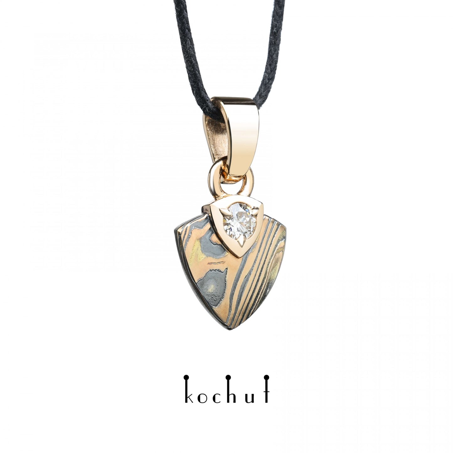 Seishi – Mokume-Anhänger aus Rotgold, geätztem und oxidiertem Silber mit Diamant
