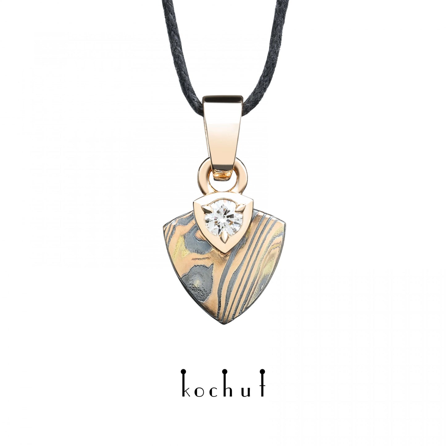 Seishi – Mokume-Anhänger aus Rotgold, geätztem und oxidiertem Silber mit Diamant